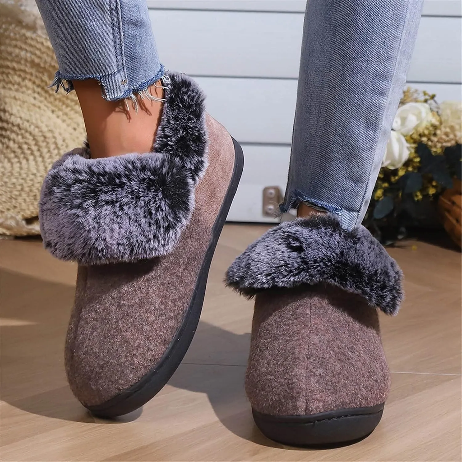 Warm Shoes Ankle Boots for Women Neutral Felt Fur Collar Wrap Heel Cotton Shoes Winter Indoor Shoes Memory Cotton