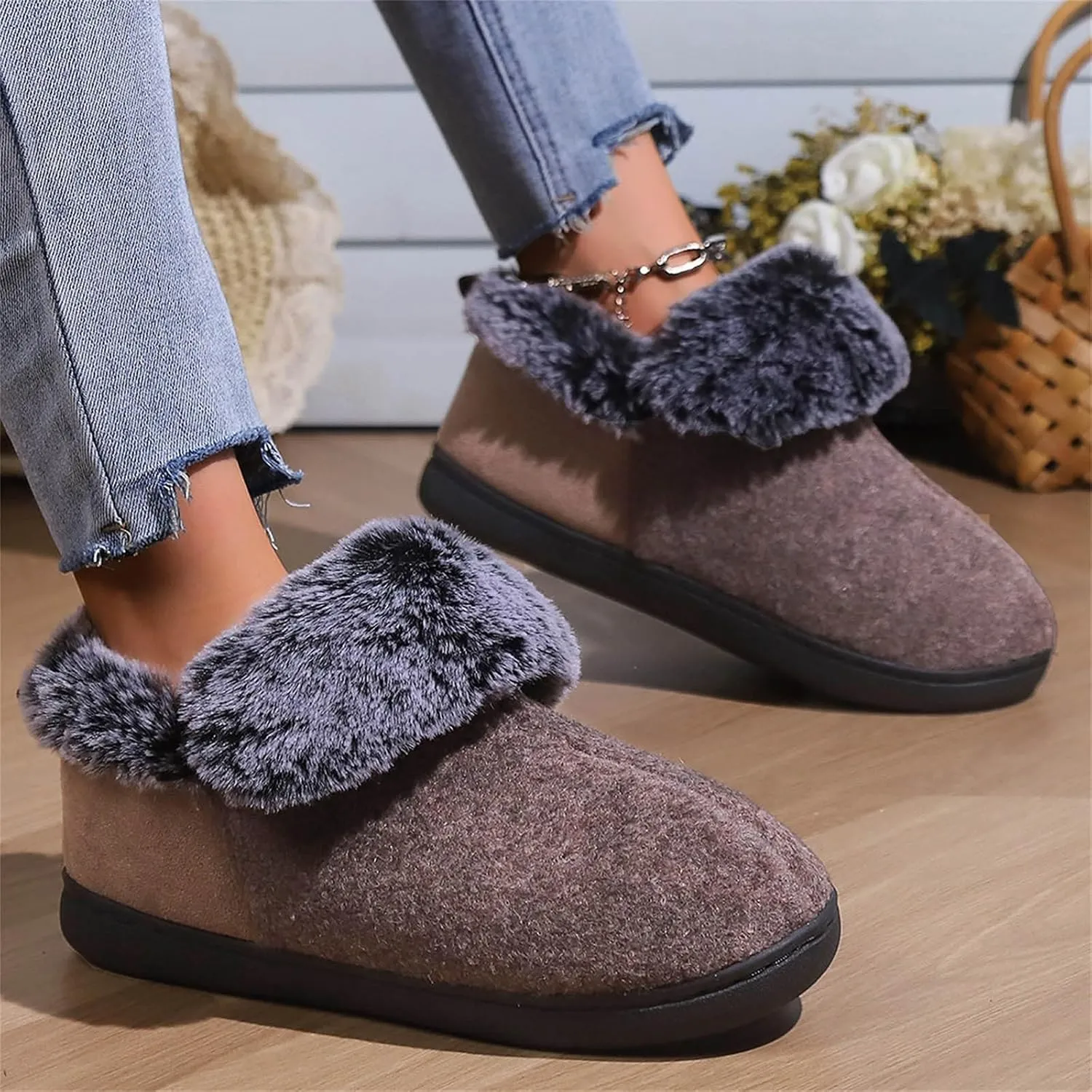 Warm Shoes Ankle Boots for Women Neutral Felt Fur Collar Wrap Heel Cotton Shoes Winter Indoor Shoes Memory Cotton