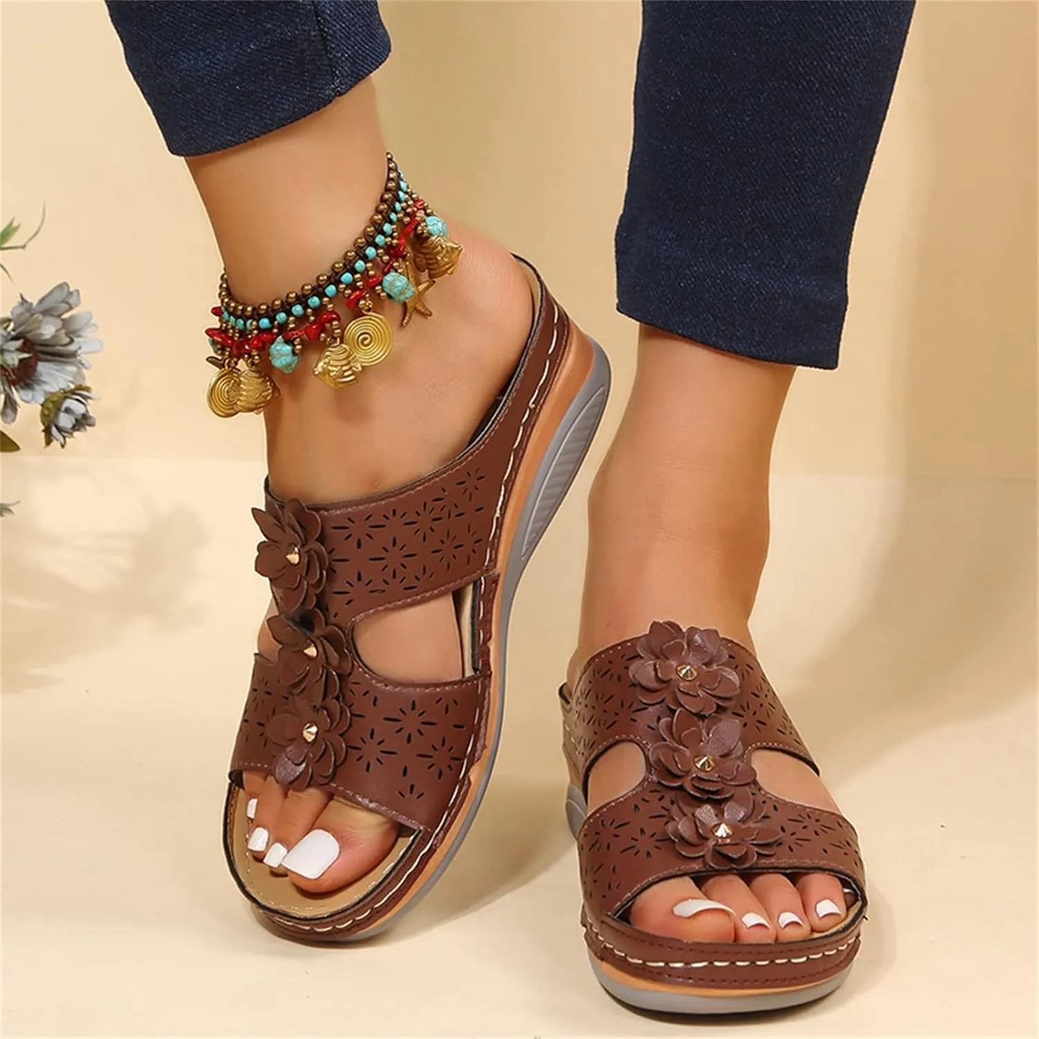 Wedge Sandals for Women Double Buckle Ankle Strap and Peep Toe Platform Heels for Secure Fit and Breathability Orthopedic Sandal Beach Dressy Flip Flops for Wide Toe 2025 Spring