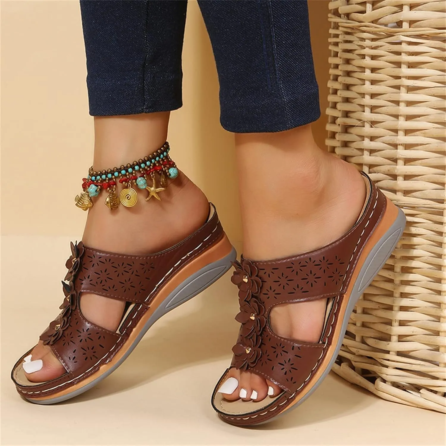 Wedge Sandals for Women Double Buckle Ankle Strap and Peep Toe Platform Heels for Secure Fit and Breathability Orthopedic Sandal Beach Dressy Flip Flops for Wide Toe 2025 Spring
