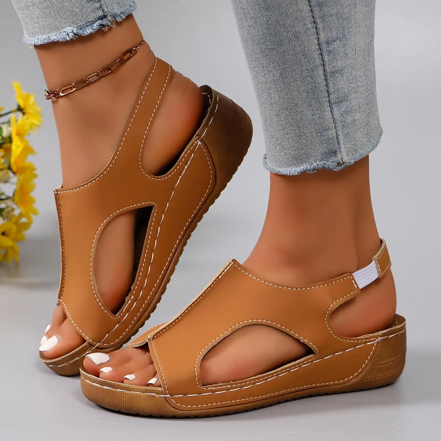 Wedge Sandals for Women Orthopedic Cutout Slippers Open Toe Soft Cushion Beach Outdoor Walking Shoes with Ankle Strap
