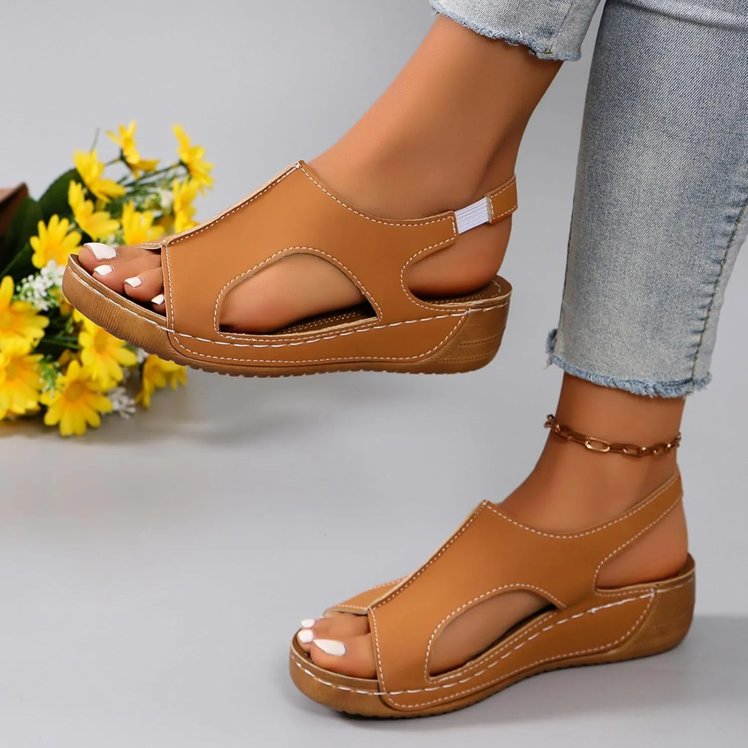 Wedge Sandals for Women Orthopedic Cutout Slippers Open Toe Soft Cushion Beach Outdoor Walking Shoes with Ankle Strap