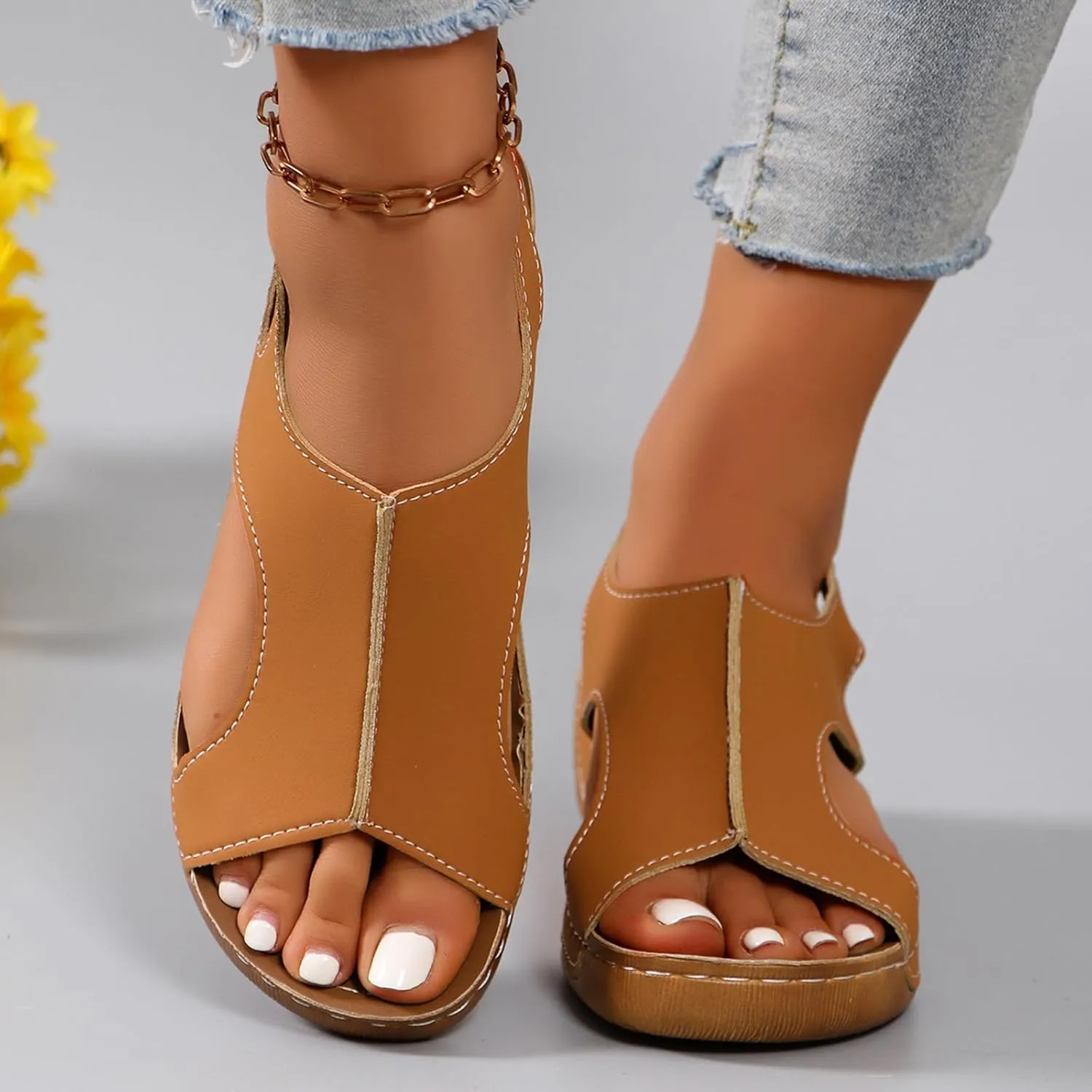 Wedge Sandals for Women Orthopedic Cutout Slippers Open Toe Soft Cushion Beach Outdoor Walking Shoes with Ankle Strap