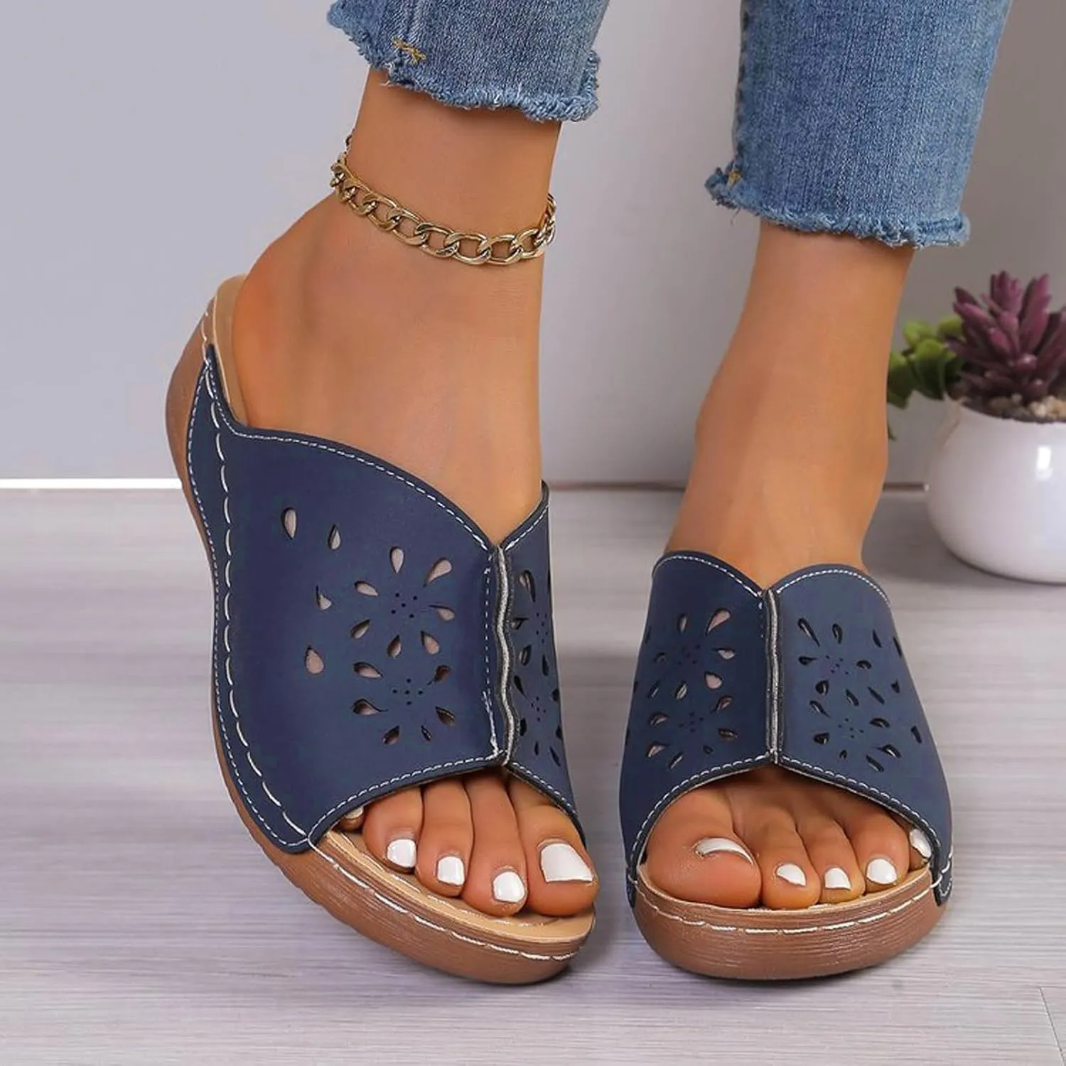 Wedge Sandals for Women Orthopedic Slip On Slide Slippers Open Toe Soft Cushion Beach Walking Shoes with Arch Support
