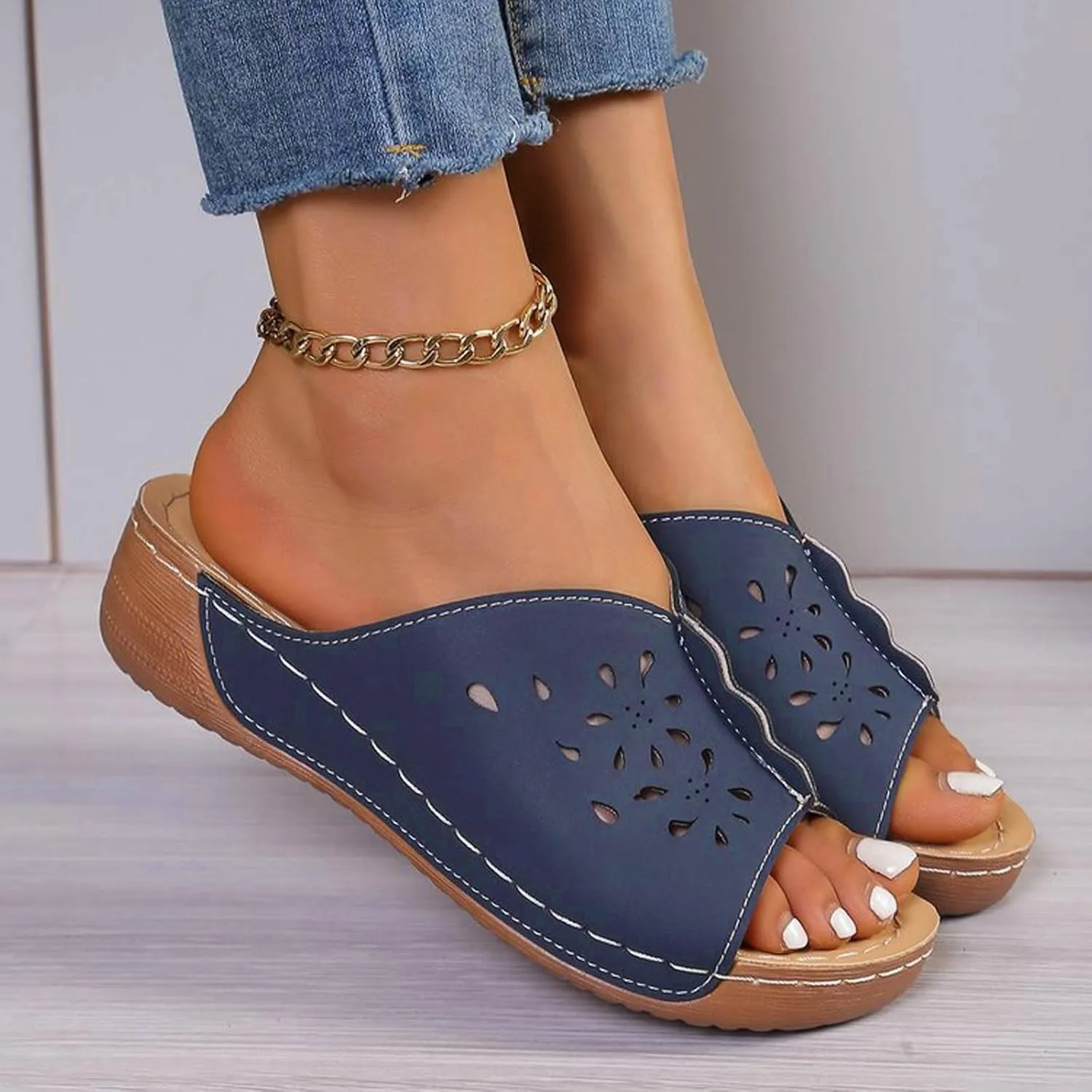Wedge Sandals for Women Orthopedic Slip On Slide Slippers Open Toe Soft Cushion Beach Walking Shoes with Arch Support