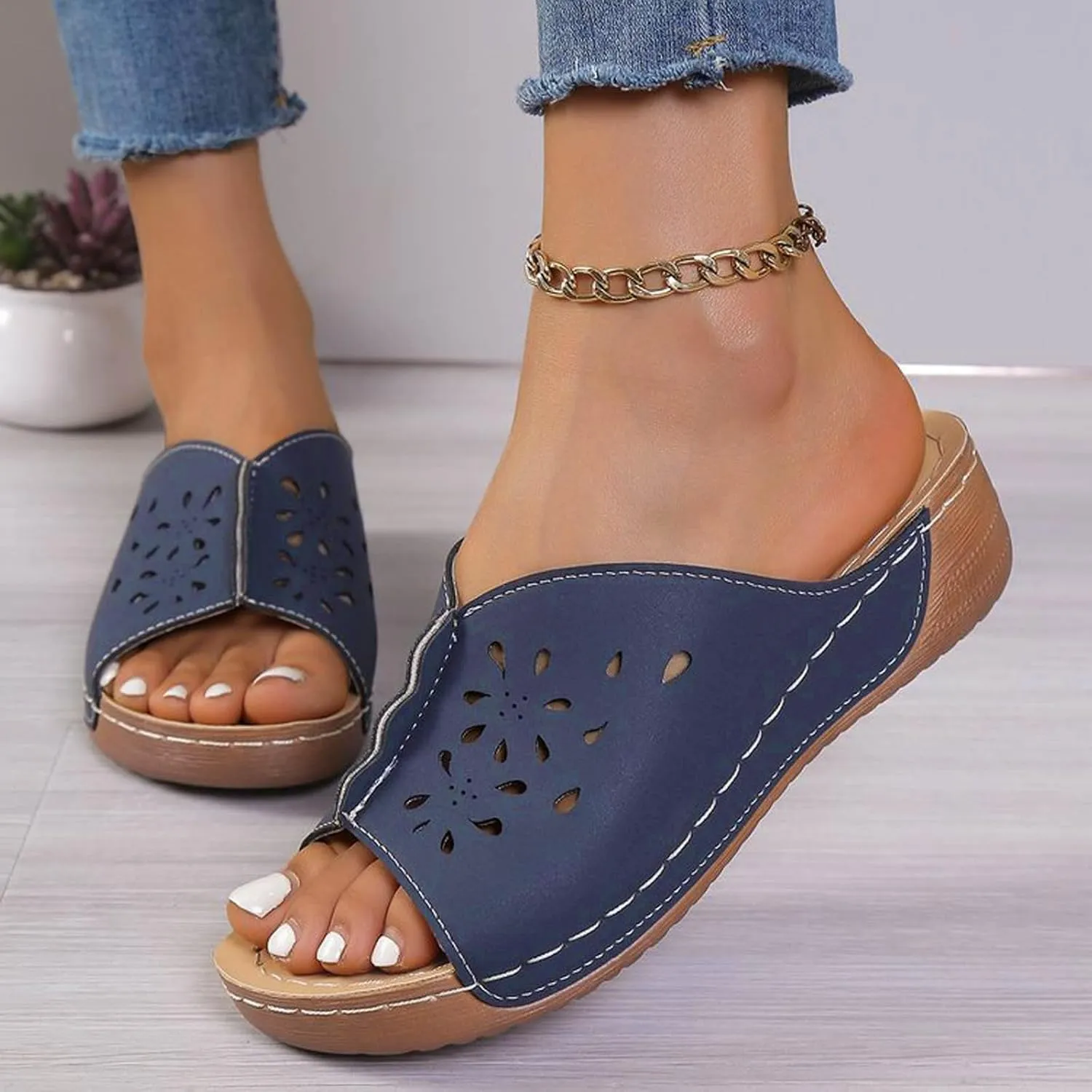 Wedge Sandals for Women Orthopedic Slip On Slide Slippers Open Toe Soft Cushion Beach Walking Shoes with Arch Support