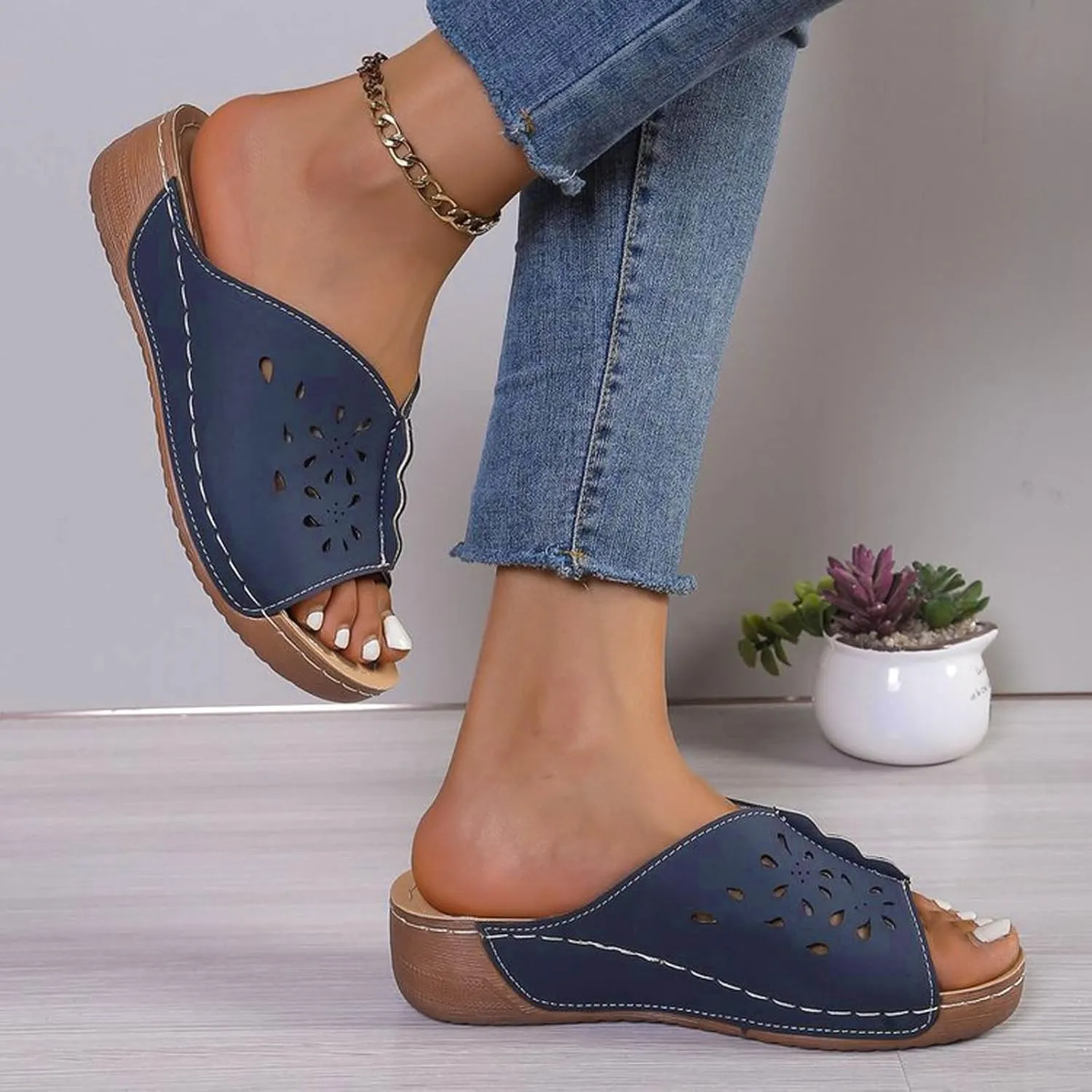 Wedge Sandals for Women Orthopedic Slip On Slide Slippers Open Toe Soft Cushion Beach Walking Shoes with Arch Support