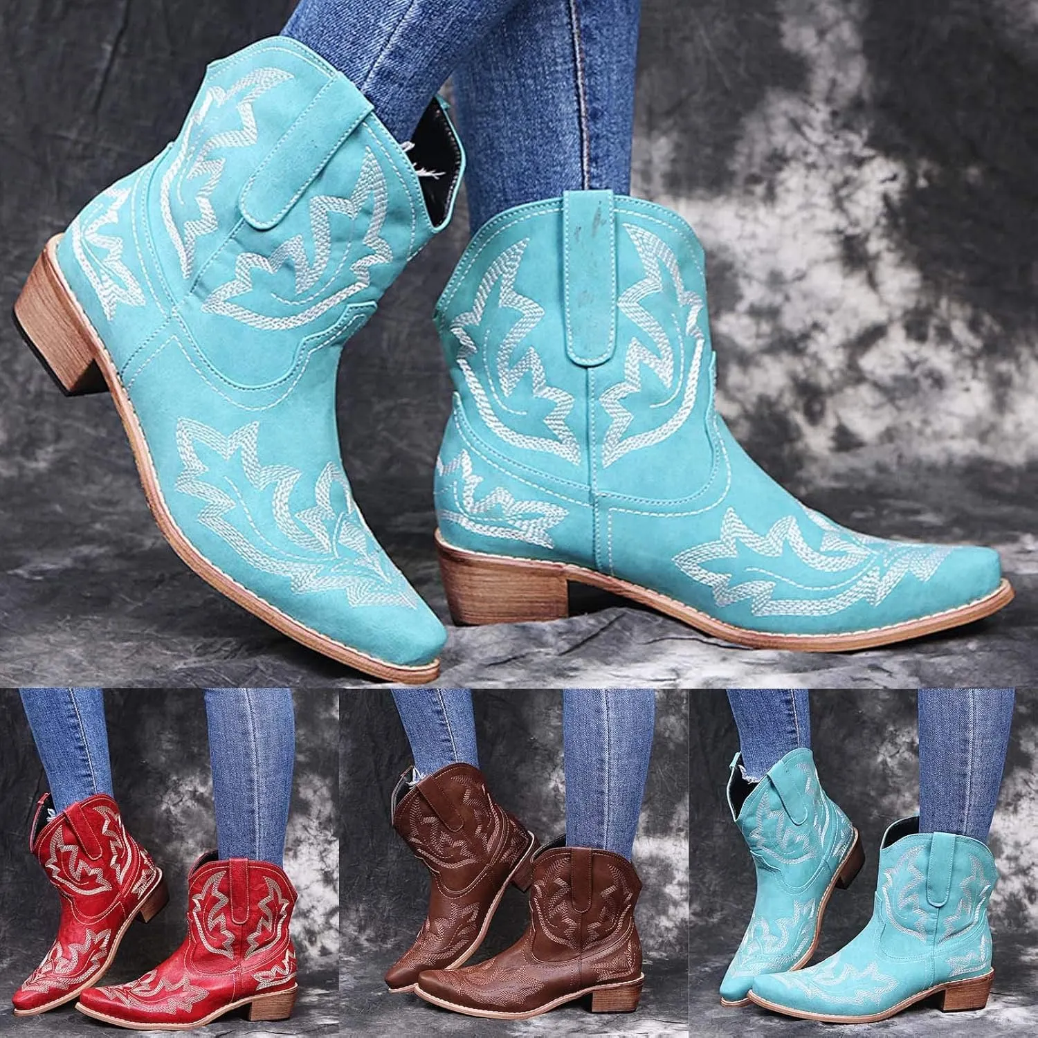 Western Cowboy Boots for Women Wide Calf Cowgirl Boots Retro Mid Calf Western Chunky Heels Pull on Embroidered Boots