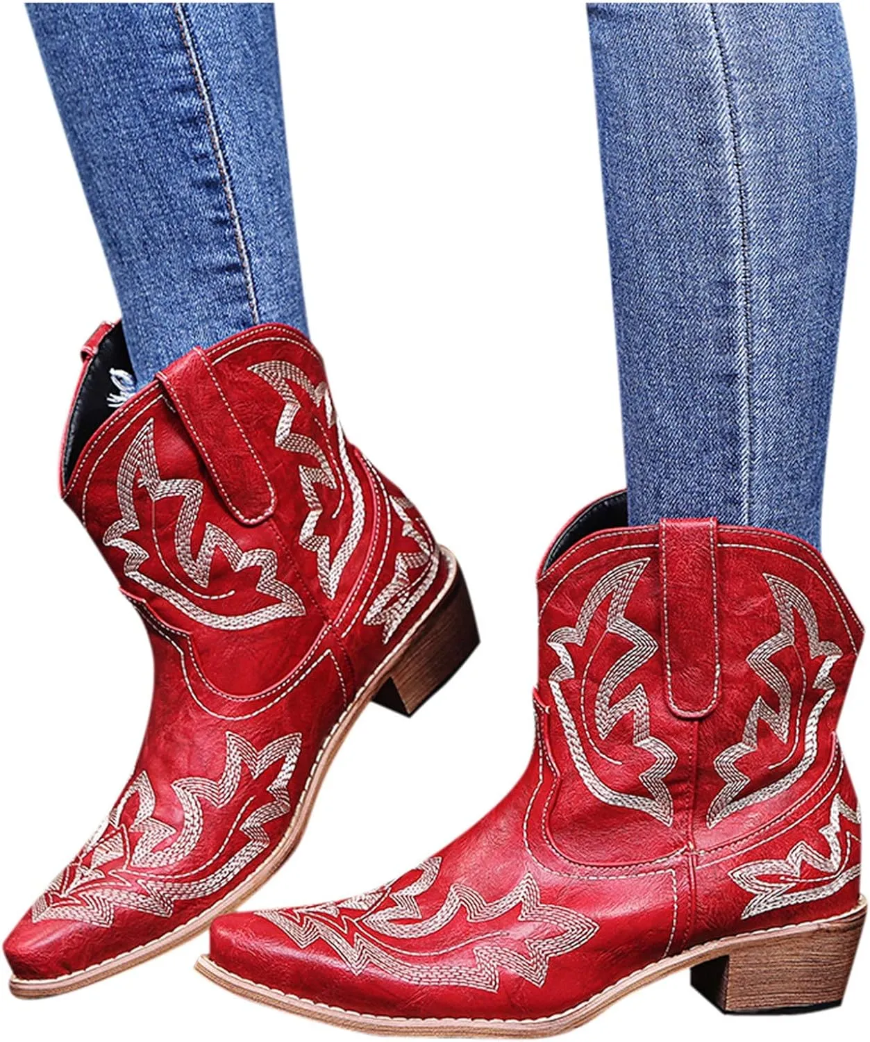 Western Cowboy Boots for Women Wide Calf Cowgirl Boots Retro Mid Calf Western Chunky Heels Pull on Embroidered Boots