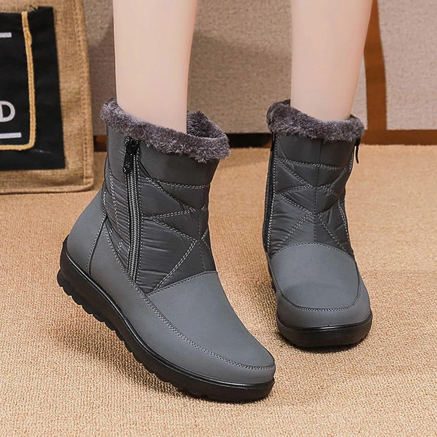 Winter Boots for Women Waterproof Warm Fur Lining Mid Calf Boots with Zipper Comfortable Outdoor Shoes