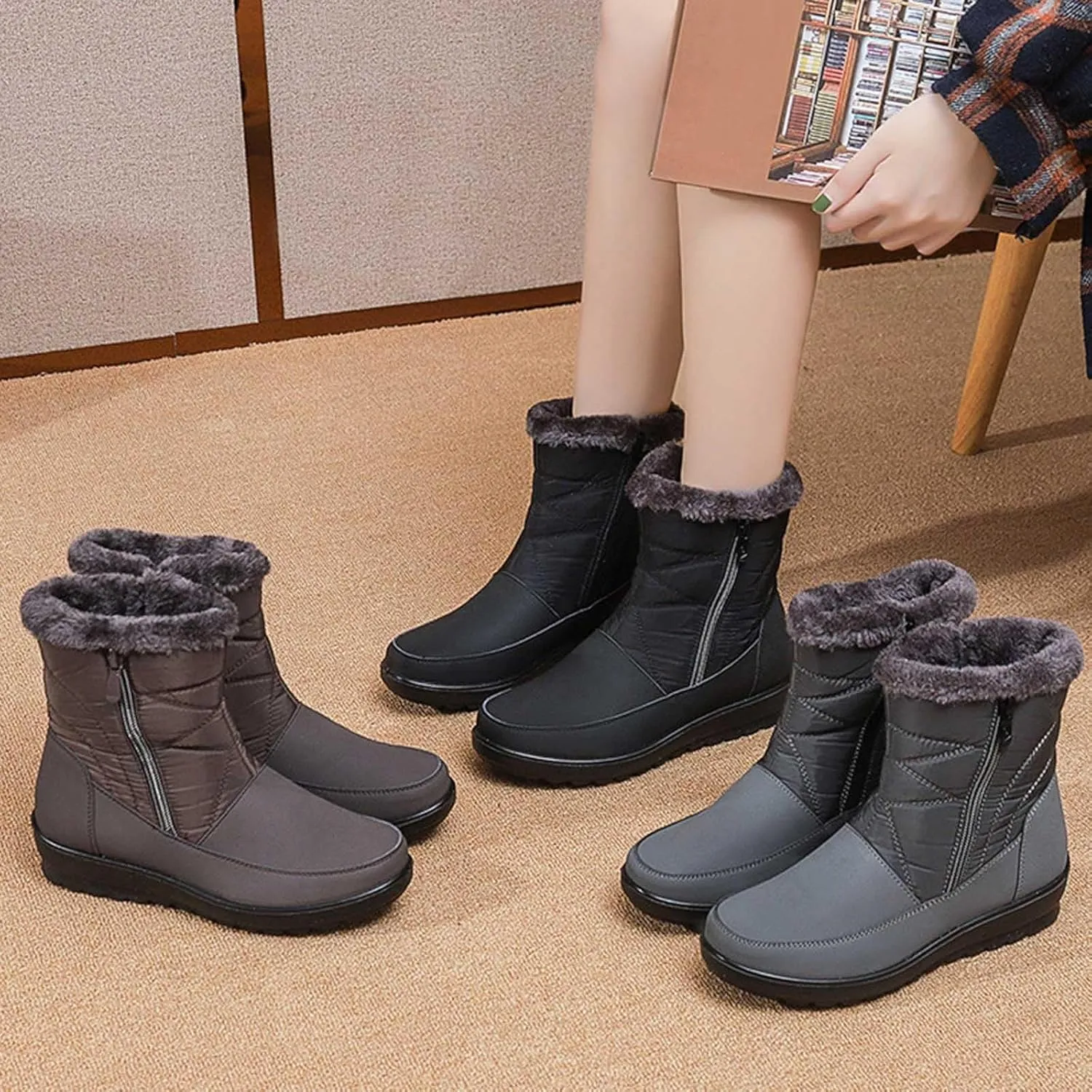 Winter Boots for Women Waterproof Warm Fur Lining Mid Calf Boots with Zipper Comfortable Outdoor Shoes