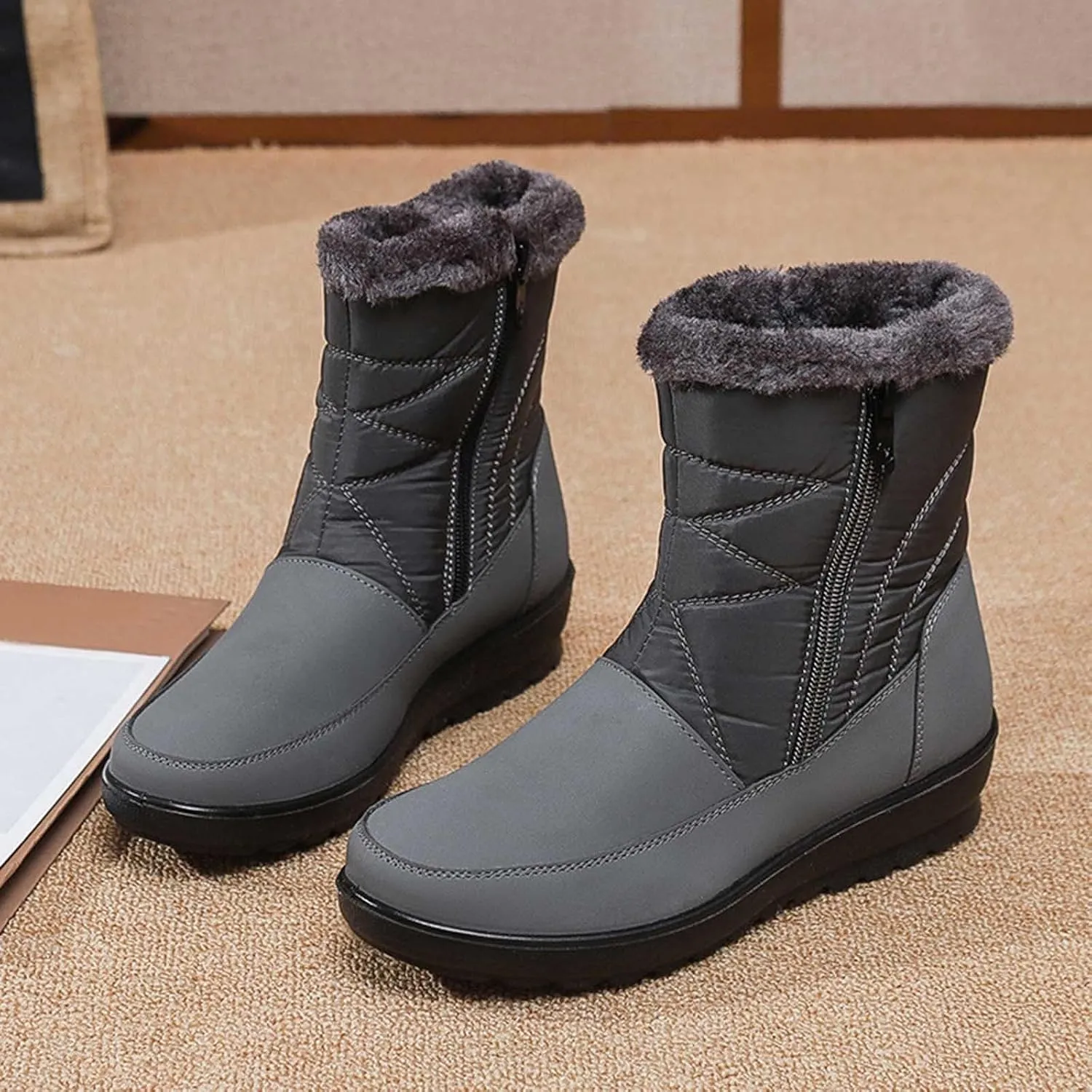 Winter Boots for Women Waterproof Warm Fur Lining Mid Calf Boots with Zipper Comfortable Outdoor Shoes
