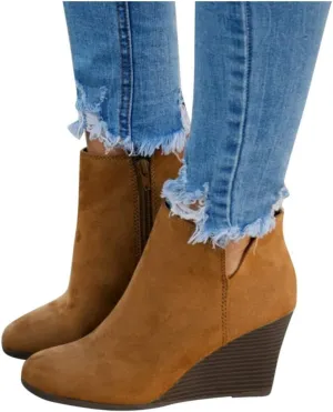 Winter Boots for Women,Women's Wedges Ankle Booties Retro V Cutout Comfy Short Boots Flock Leather Zip Closure Stacked Chunky Block Heels Shoes