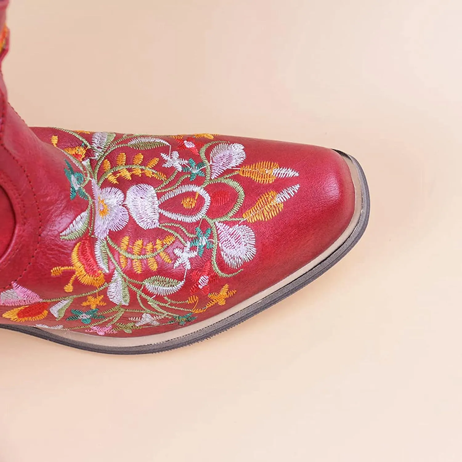 Women Ankle Cowgirl Boots Western Short Boots Women Flower Embroidered Ankle Cowgirl Chunky Heel Pull On Short Boots