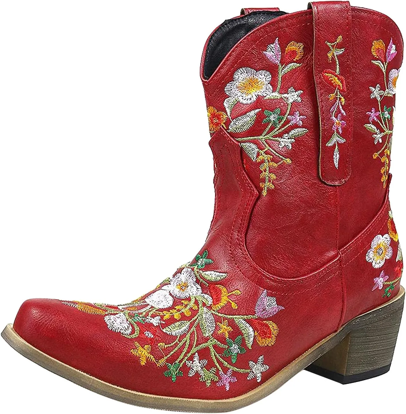 Women Ankle Cowgirl Boots Western Short Boots Women Flower Embroidered Ankle Cowgirl Chunky Heel Pull On Short Boots
