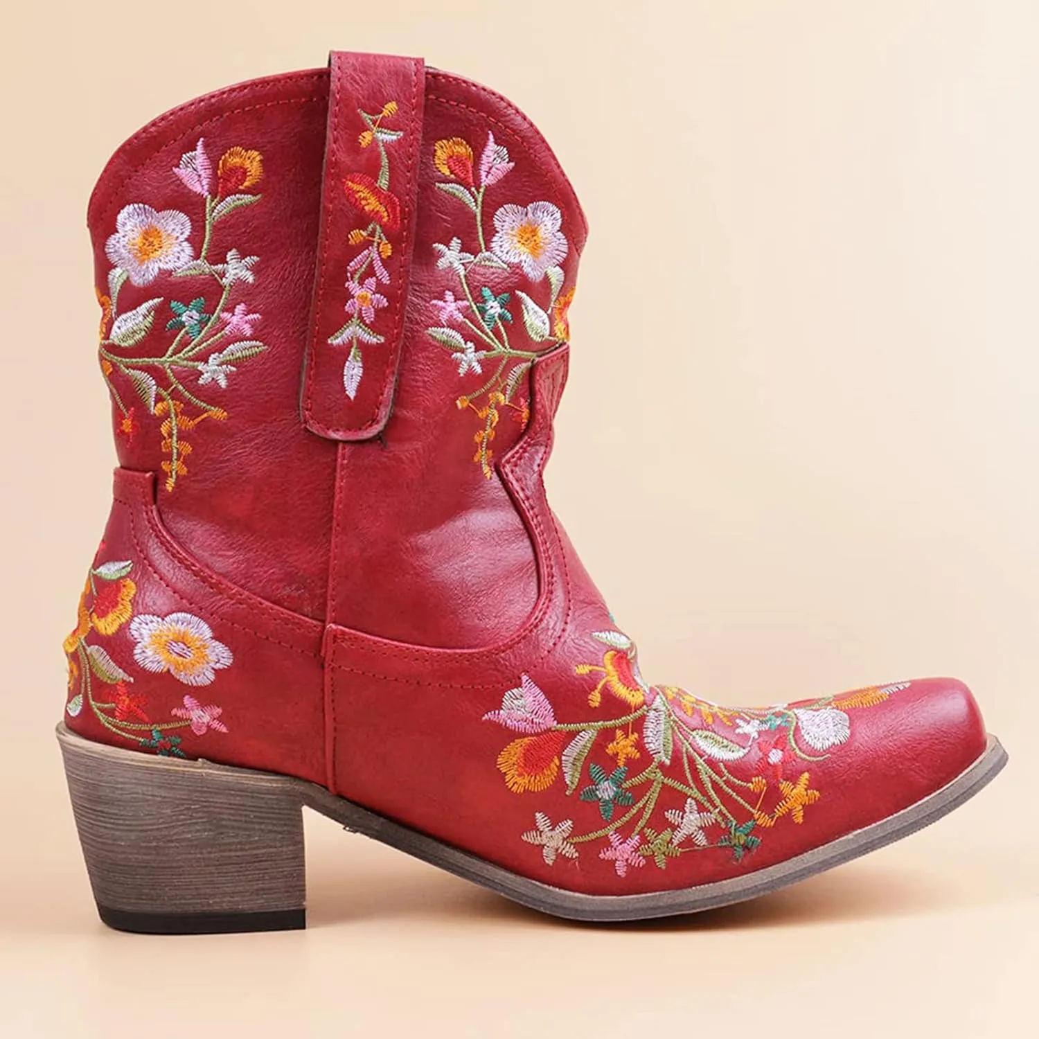 Women Ankle Cowgirl Boots Western Short Boots Women Flower Embroidered Ankle Cowgirl Chunky Heel Pull On Short Boots