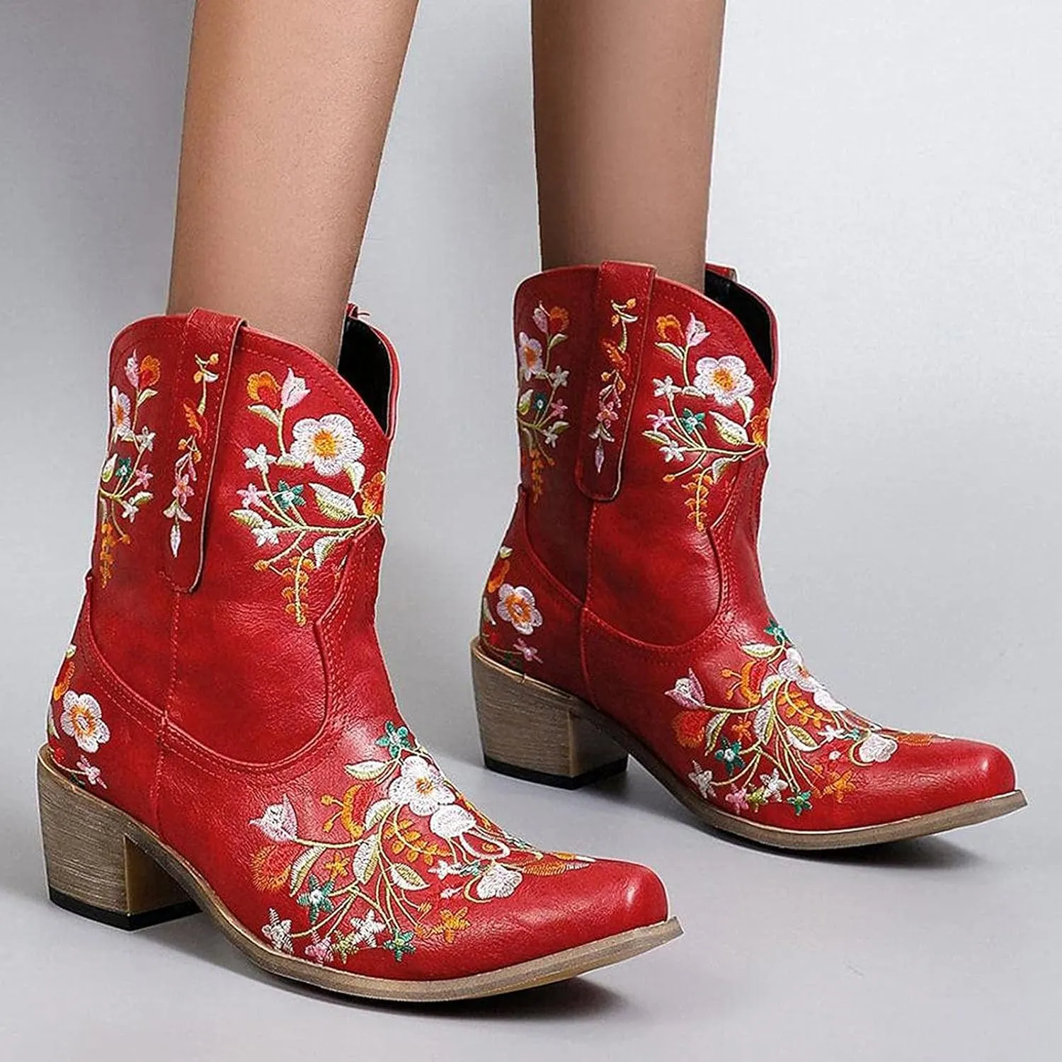 Women Ankle Cowgirl Boots Western Short Boots Women Flower Embroidered Ankle Cowgirl Chunky Heel Pull On Short Boots