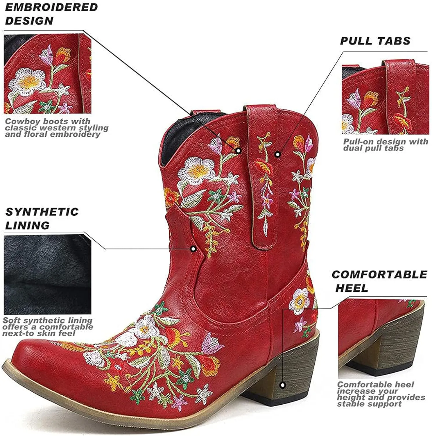 Women Ankle Cowgirl Boots Western Short Boots Women Flower Embroidered Ankle Cowgirl Chunky Heel Pull On Short Boots
