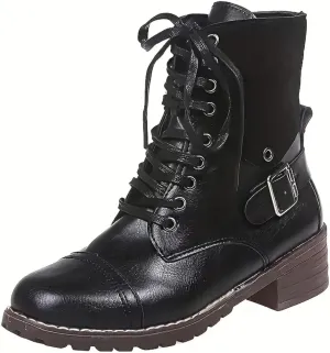 Women Combat Boots Low Heel Women Boots Ankle Boots Western Casual Lace up Round Toe Side Zipper with Buckle Boots