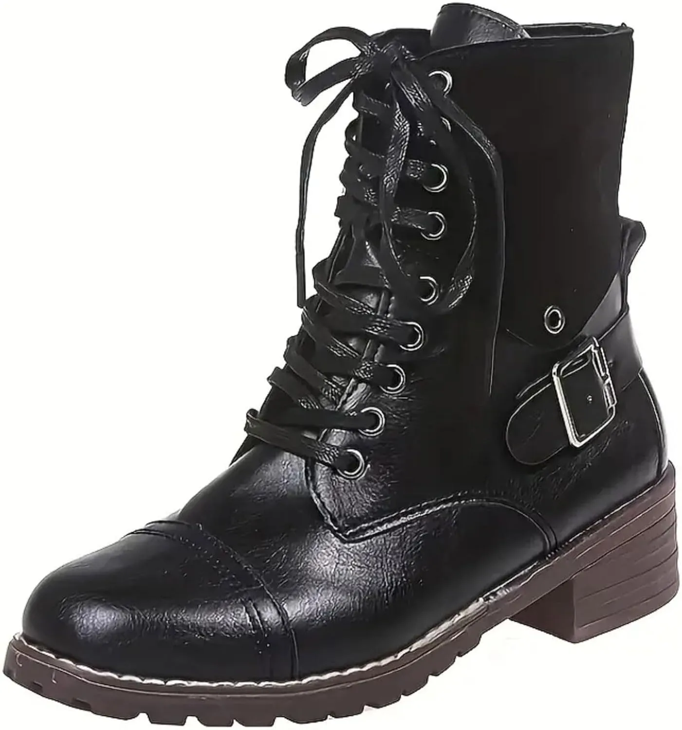 Women Combat Boots Low Heel Women Boots Ankle Boots Western Casual Lace up Round Toe Side Zipper with Buckle Boots