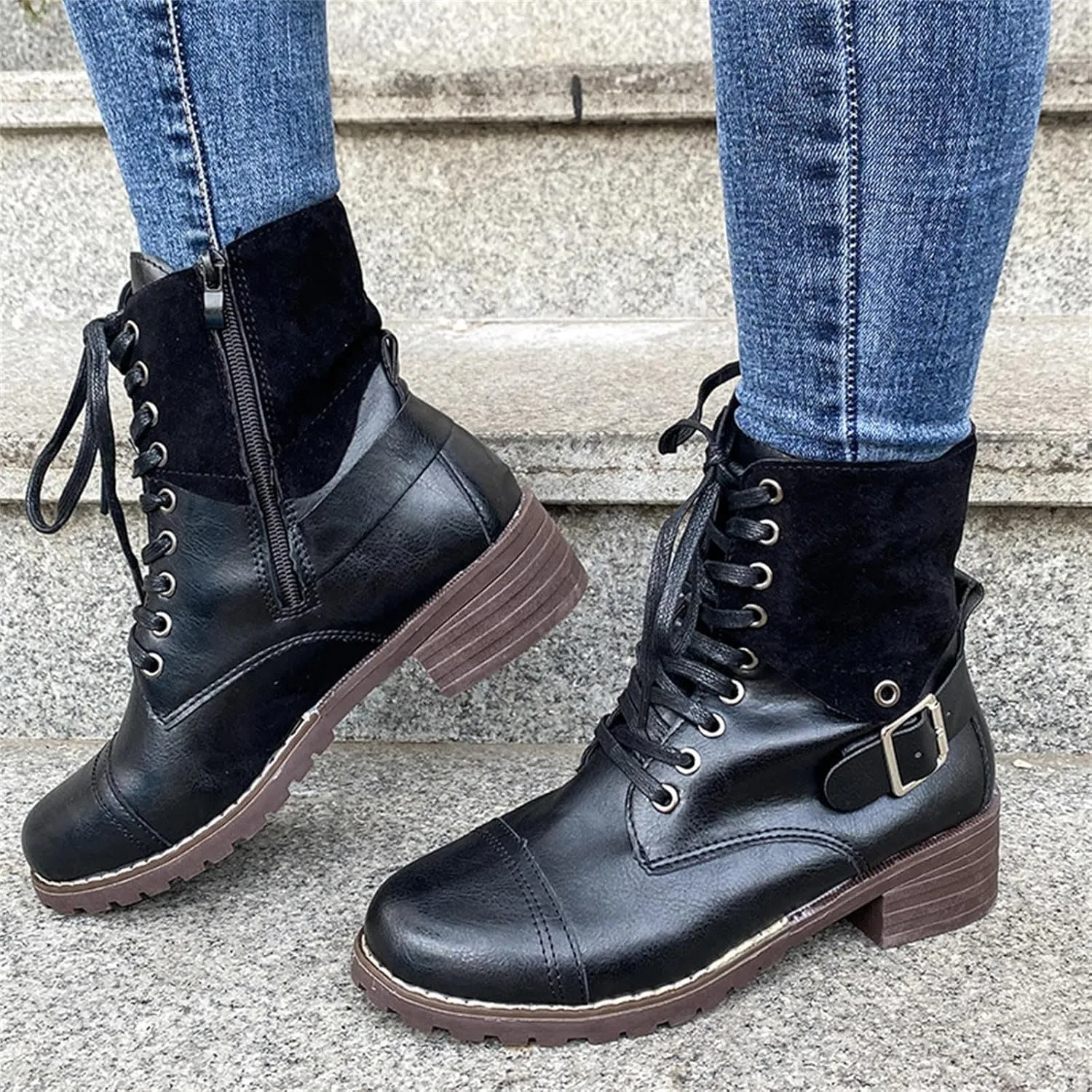 Women Combat Boots Low Heel Women Boots Ankle Boots Western Casual Lace up Round Toe Side Zipper with Buckle Boots