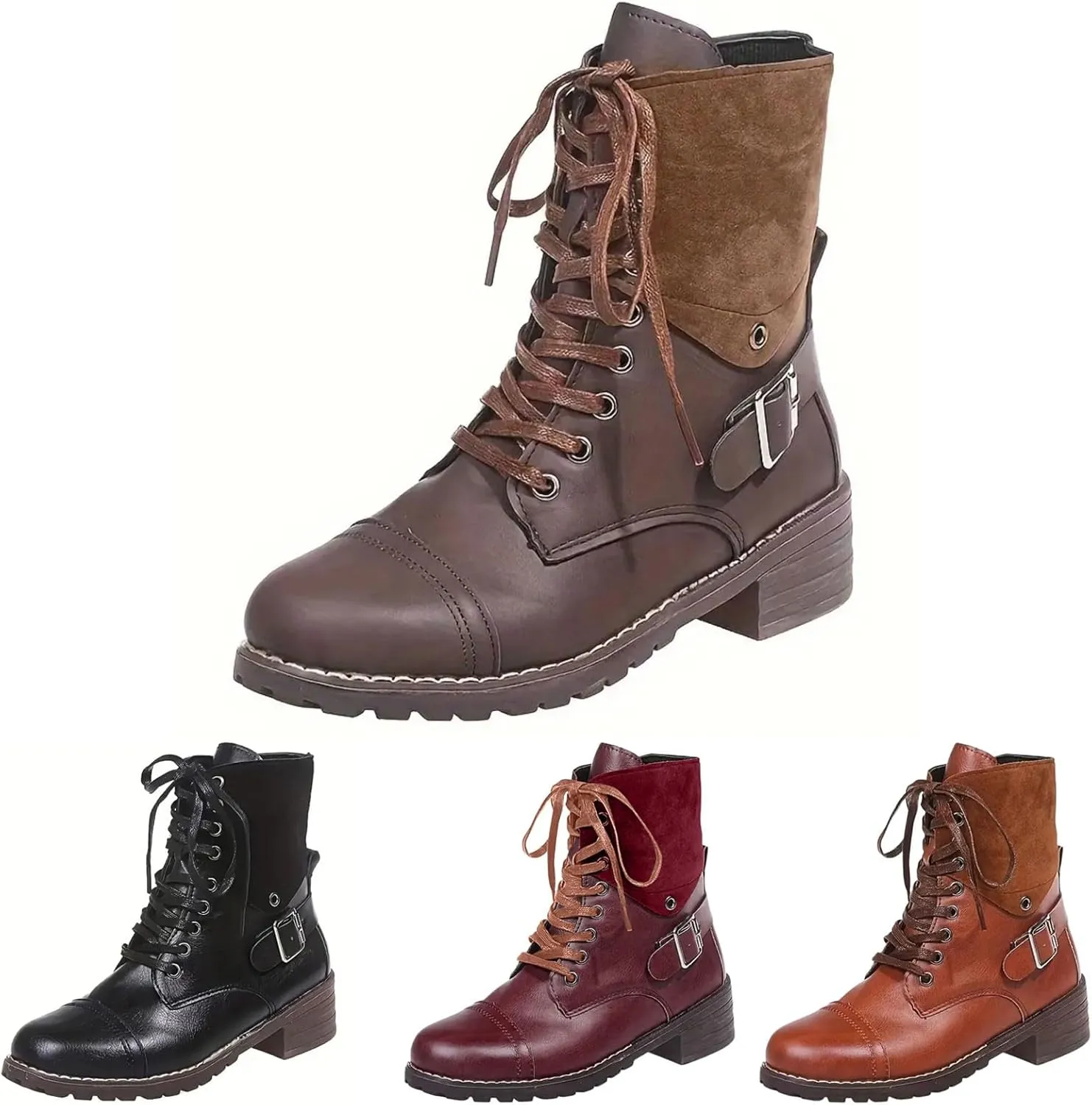 Women Combat Boots Low Heel Women Boots Ankle Boots Western Casual Lace up Round Toe Side Zipper with Buckle Boots