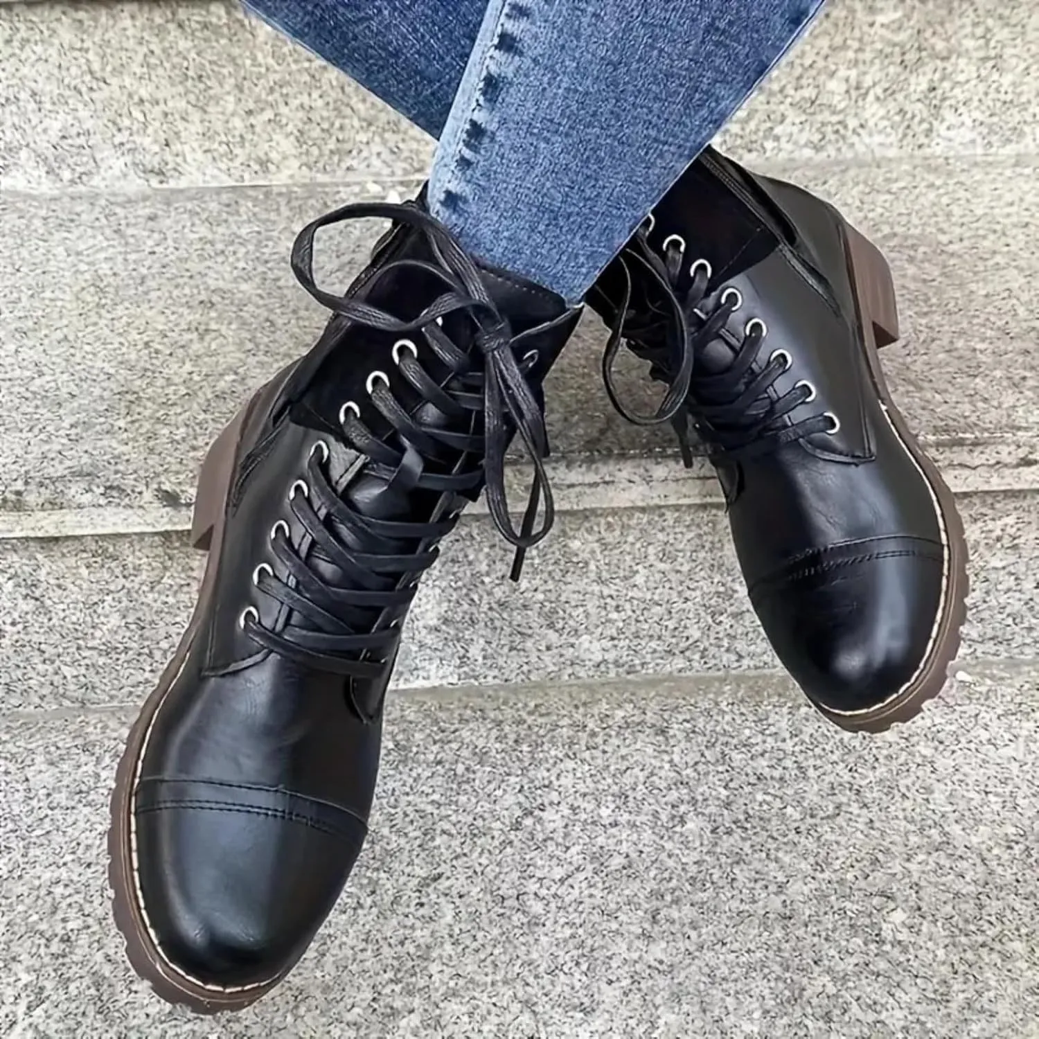 Women Combat Boots Low Heel Women Boots Ankle Boots Western Casual Lace up Round Toe Side Zipper with Buckle Boots