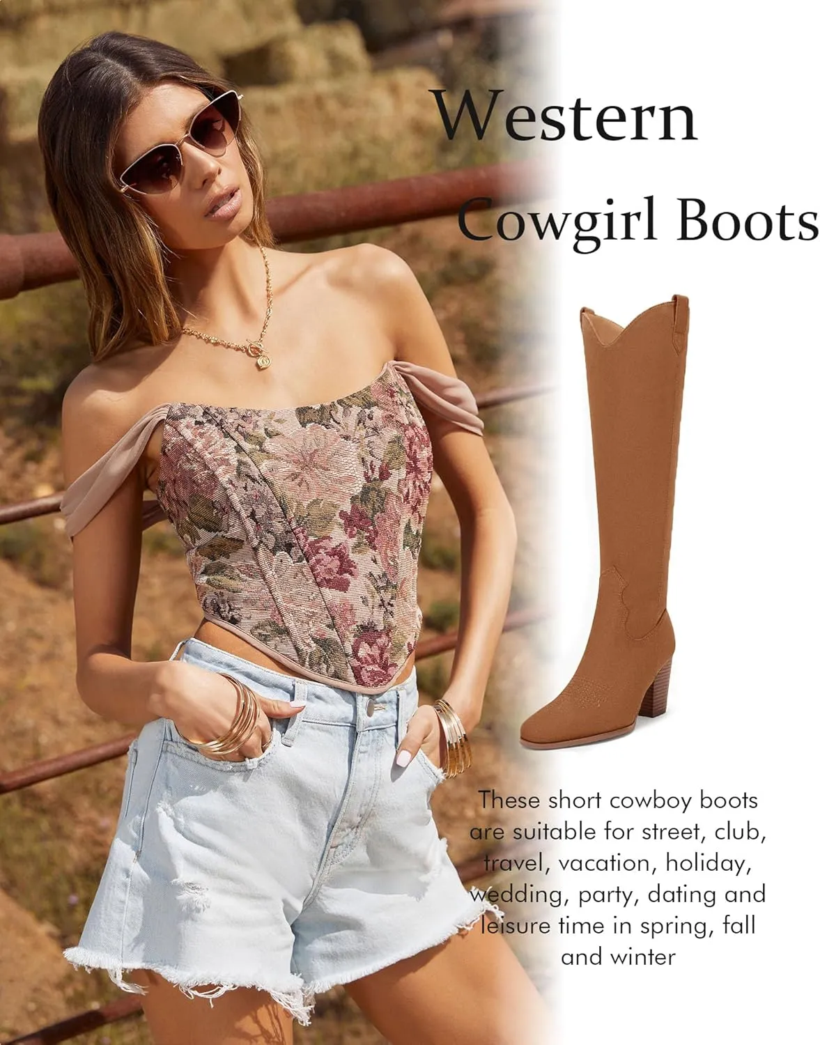 Women Cowboy Knee High Boots Chunky Block Heel Square Toe Tall Riding Boots