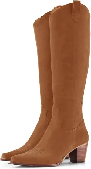 Women Cowboy Knee High Boots Chunky Block Heel Square Toe Tall Riding Boots