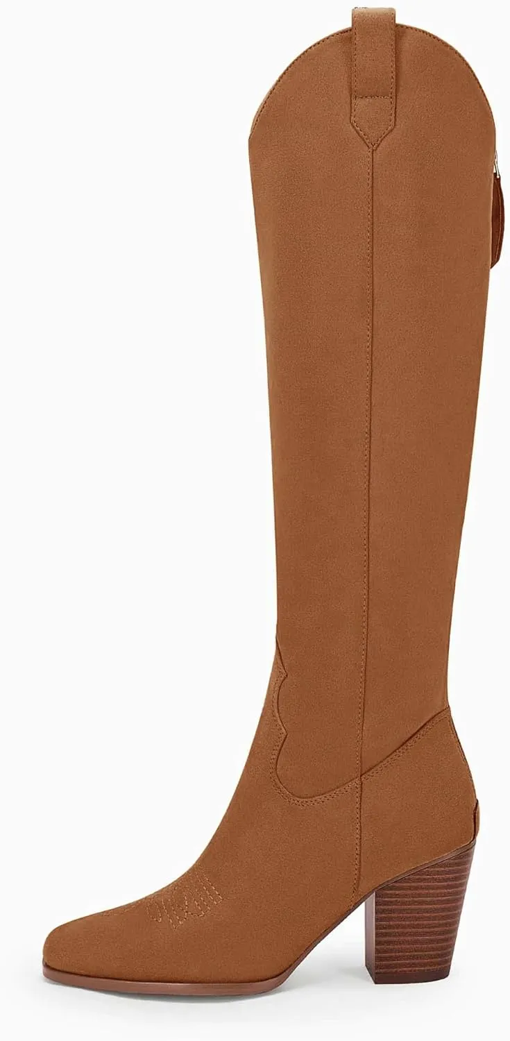 Women Cowboy Knee High Boots Chunky Block Heel Square Toe Tall Riding Boots