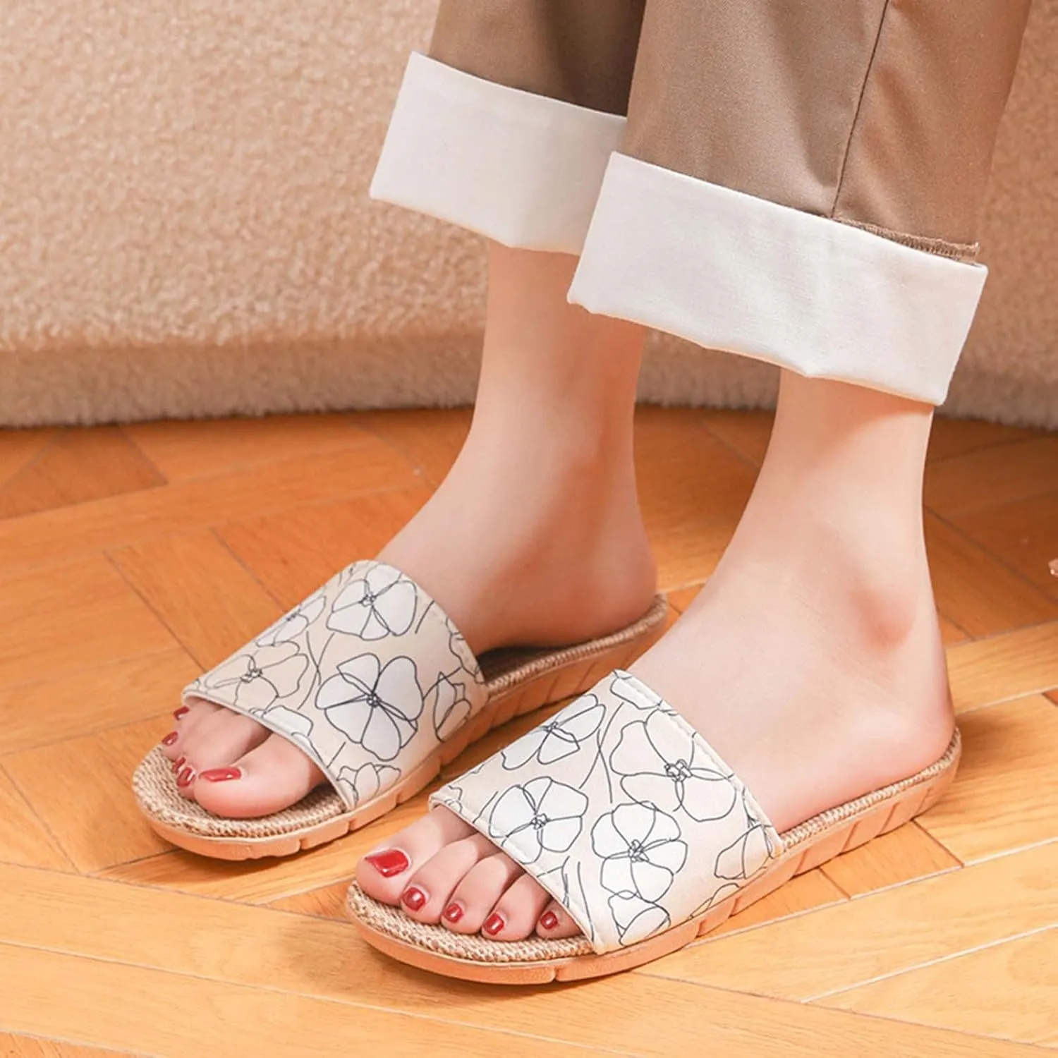 Women Summer Lounge Slide Sandals Casual Flat Loungewear Slipper Slip on Non-Slip Slides Home Indoor Sandal Shoes