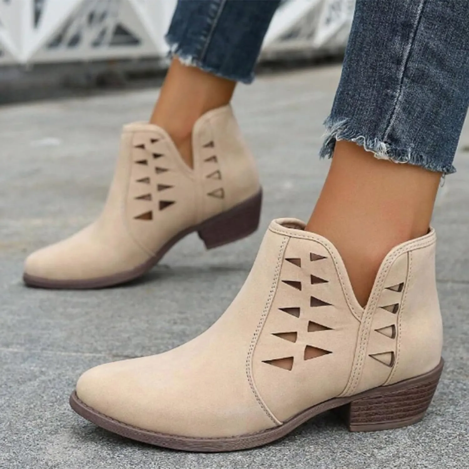 Women's Ankle Boots & Booties Low Heel Winter Boots for Women 2024 Fashion Casual V-Cut Triangle Shape Hollow Shoes