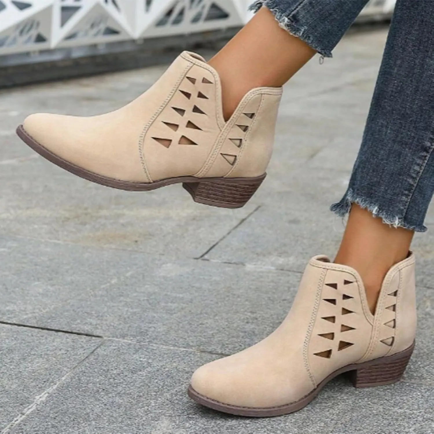 Women's Ankle Boots & Booties Low Heel Winter Boots for Women 2024 Fashion Casual V-Cut Triangle Shape Hollow Shoes