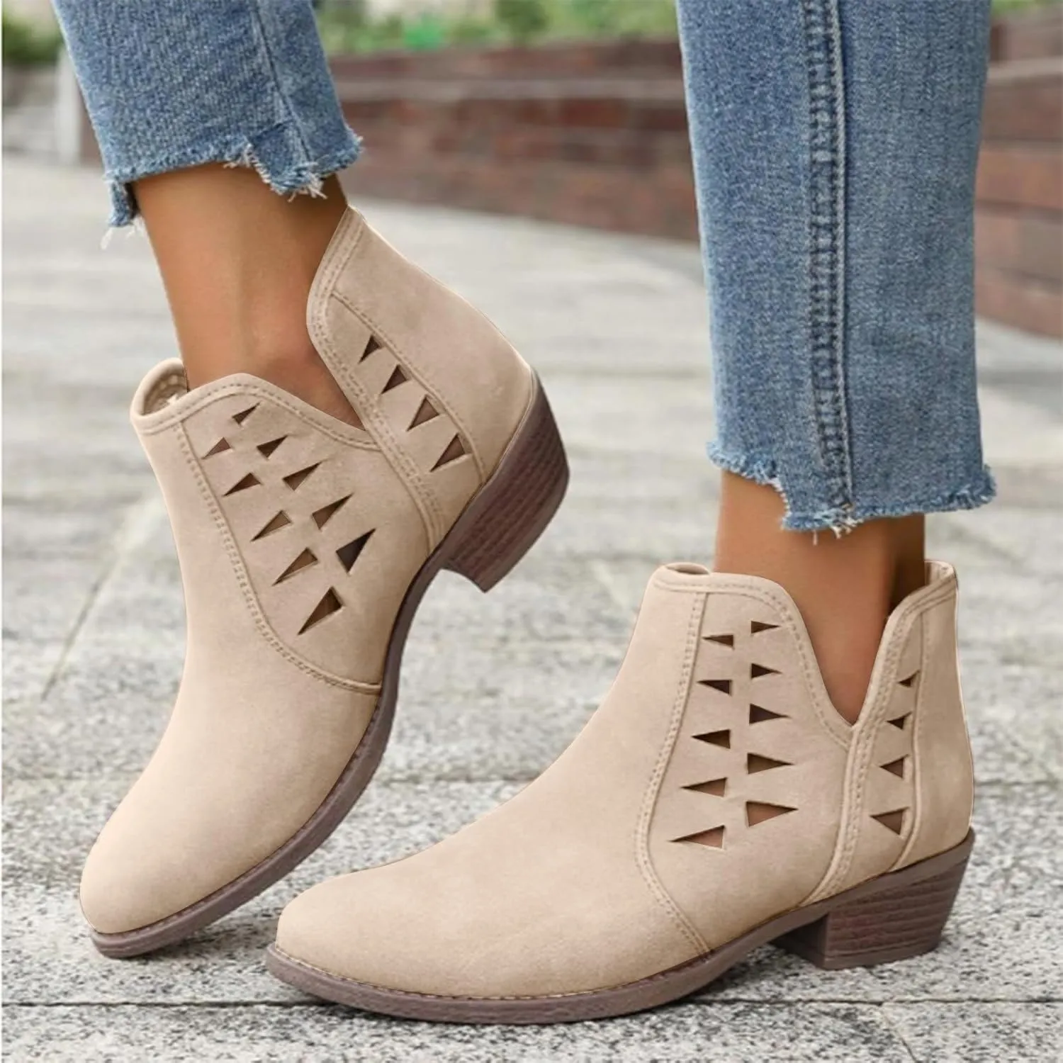 Women's Ankle Boots & Booties Low Heel Winter Boots for Women 2024 Fashion Casual V-Cut Triangle Shape Hollow Shoes