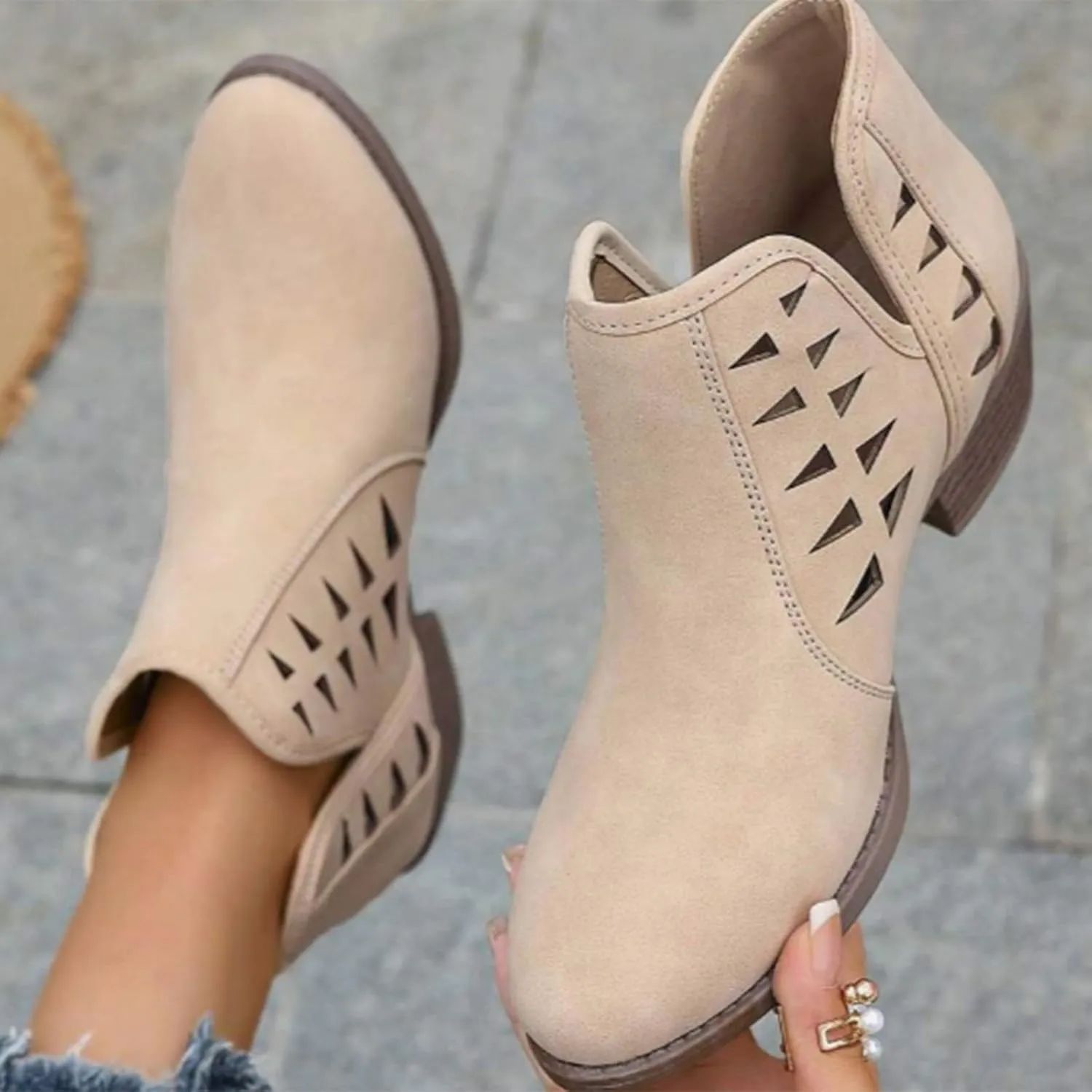 Women's Ankle Boots & Booties Low Heel Winter Boots for Women 2024 Fashion Casual V-Cut Triangle Shape Hollow Shoes