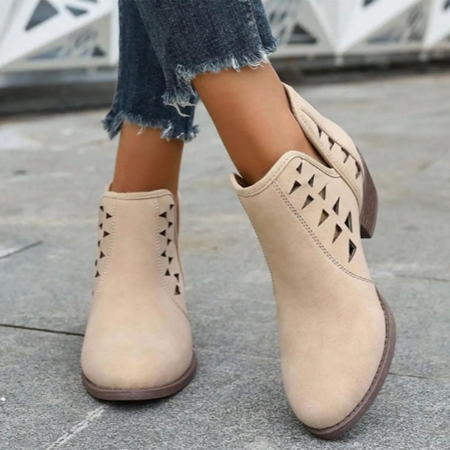 Women's Ankle Boots & Booties Low Heel Winter Boots for Women 2024 Fashion Casual V-Cut Triangle Shape Hollow Shoes
