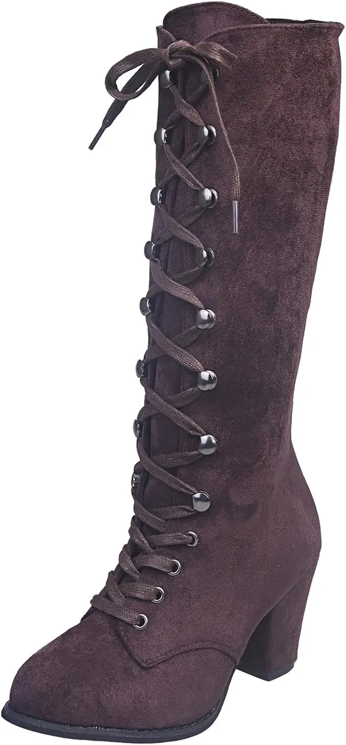 Womens Boots Retro Lace Up Thick Heels Boots for Women Mid-Calf Warm Comfortable Winter Boots for Women