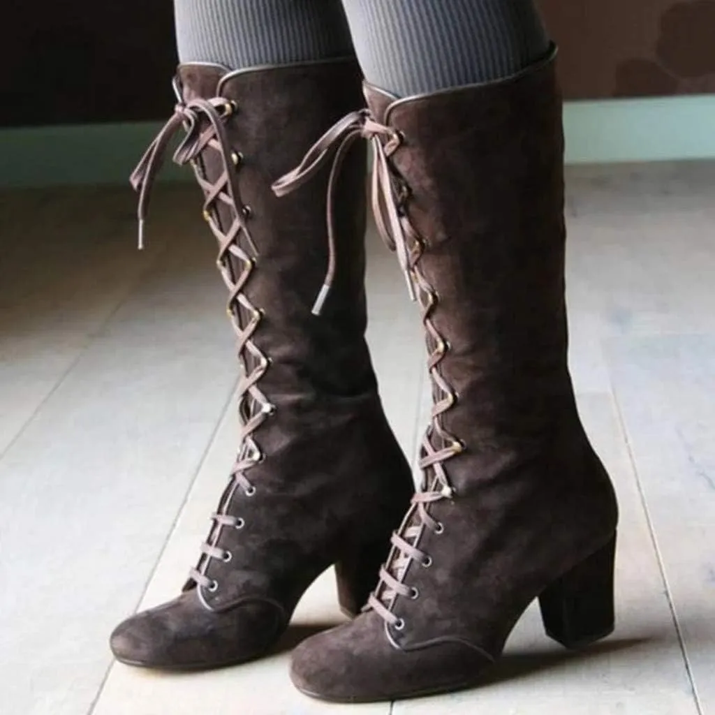 Womens Boots Retro Lace Up Thick Heels Boots for Women Mid-Calf Warm Comfortable Winter Boots for Women