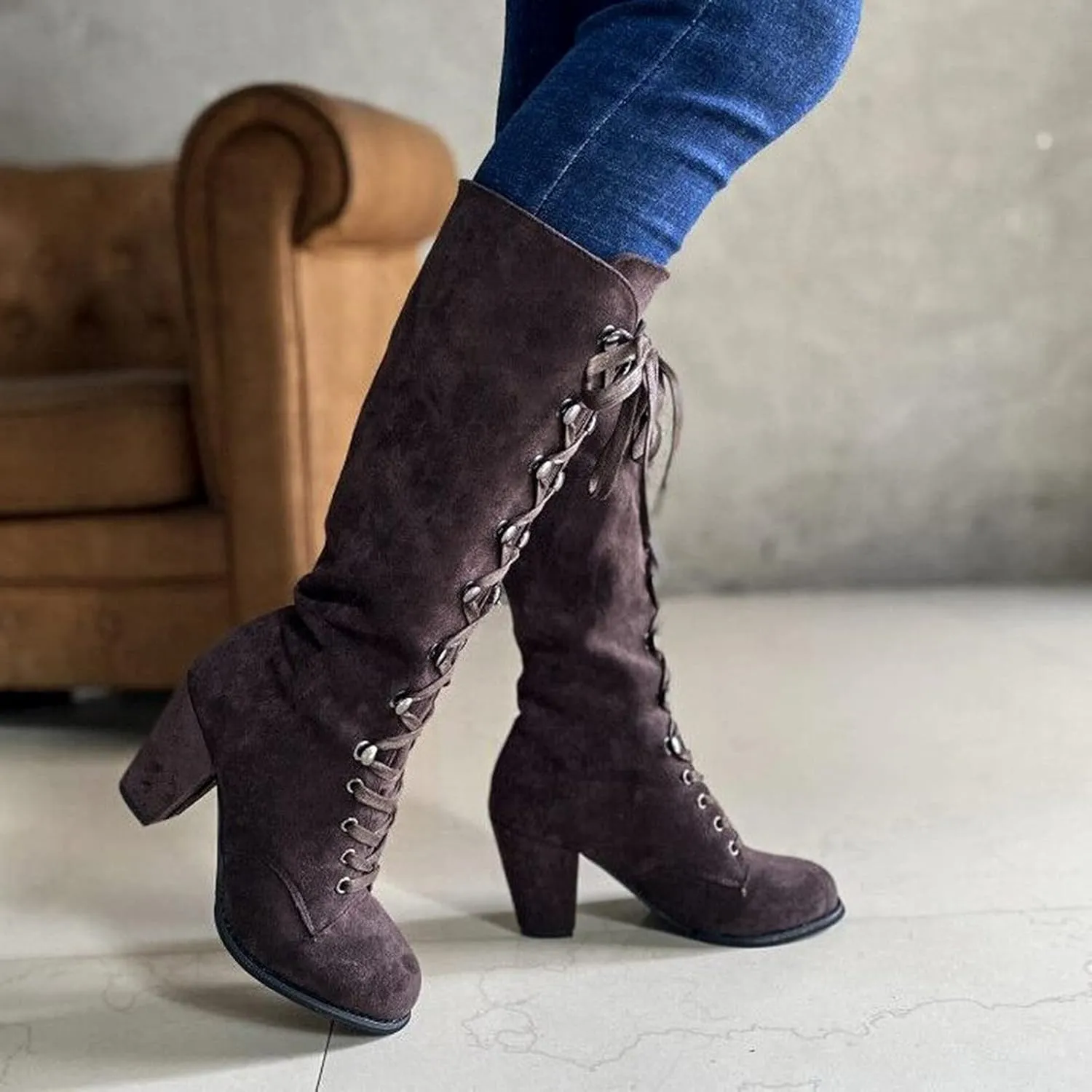 Womens Boots Retro Lace Up Thick Heels Boots for Women Mid-Calf Warm Comfortable Winter Boots for Women