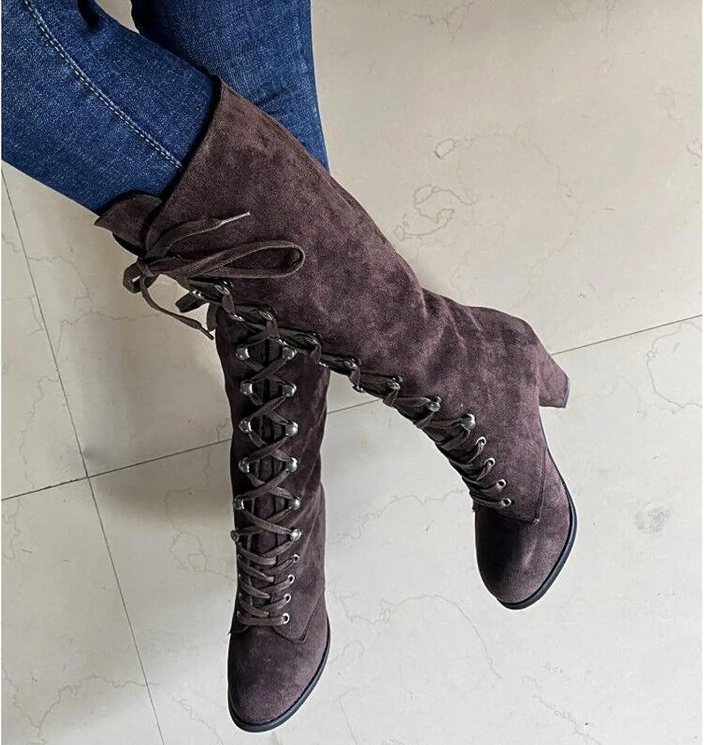 Womens Boots Retro Lace Up Thick Heels Boots for Women Mid-Calf Warm Comfortable Winter Boots for Women