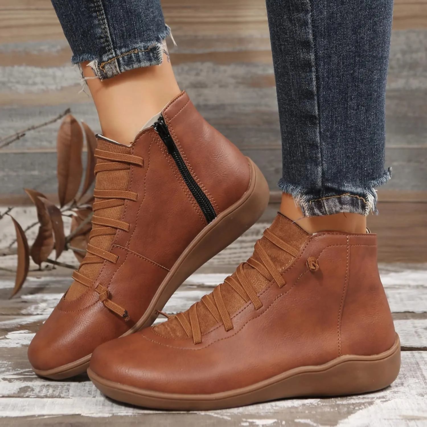 Womens Boots Retro Shoelace PU Leather Flat Soft Sole Boots for Women Solid Color Round Toe Casual Ankle Boots