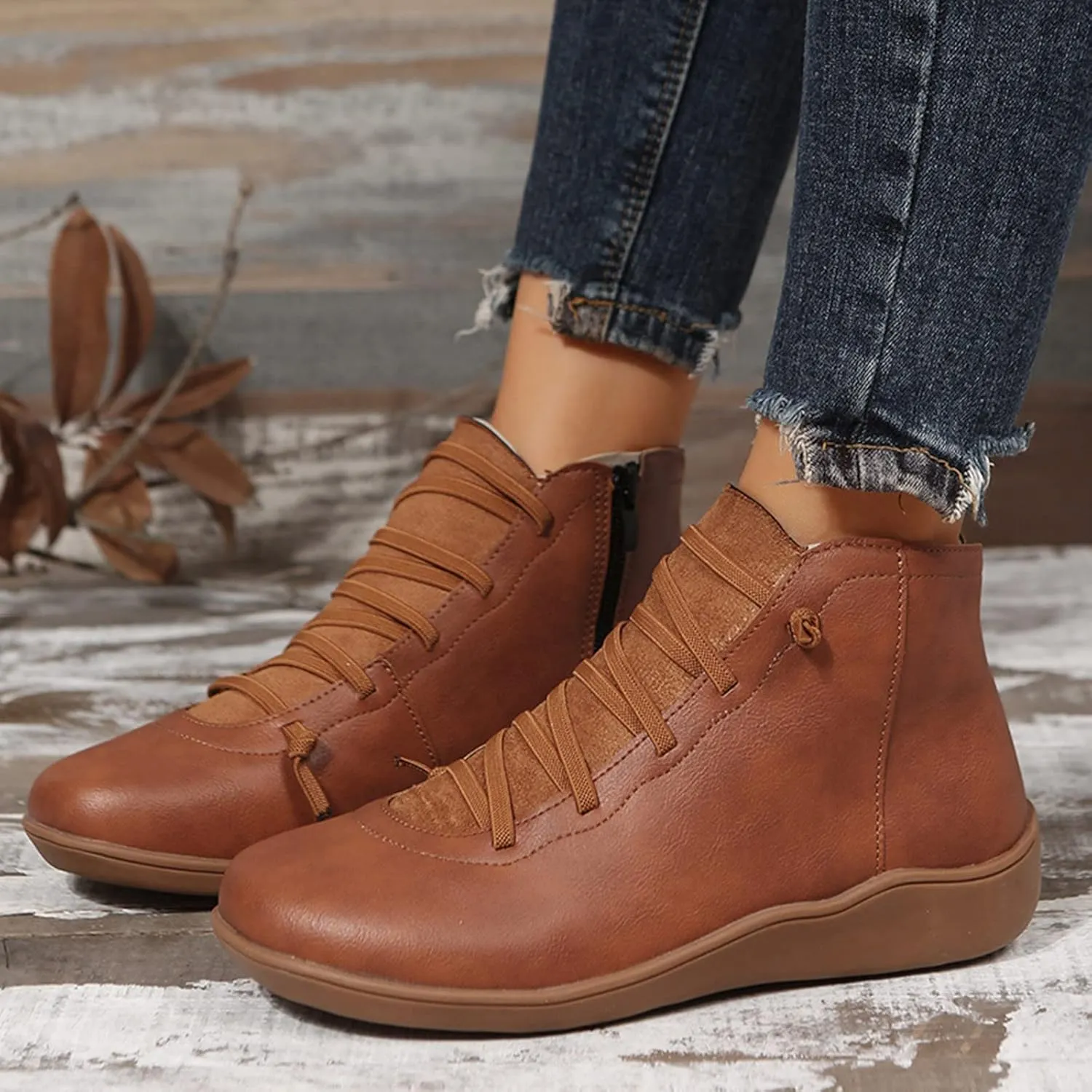 Womens Boots Retro Shoelace PU Leather Flat Soft Sole Boots for Women Solid Color Round Toe Casual Ankle Boots