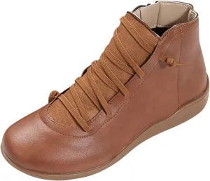 Womens Boots Retro Shoelace PU Leather Flat Soft Sole Boots for Women Solid Color Round Toe Casual Ankle Boots