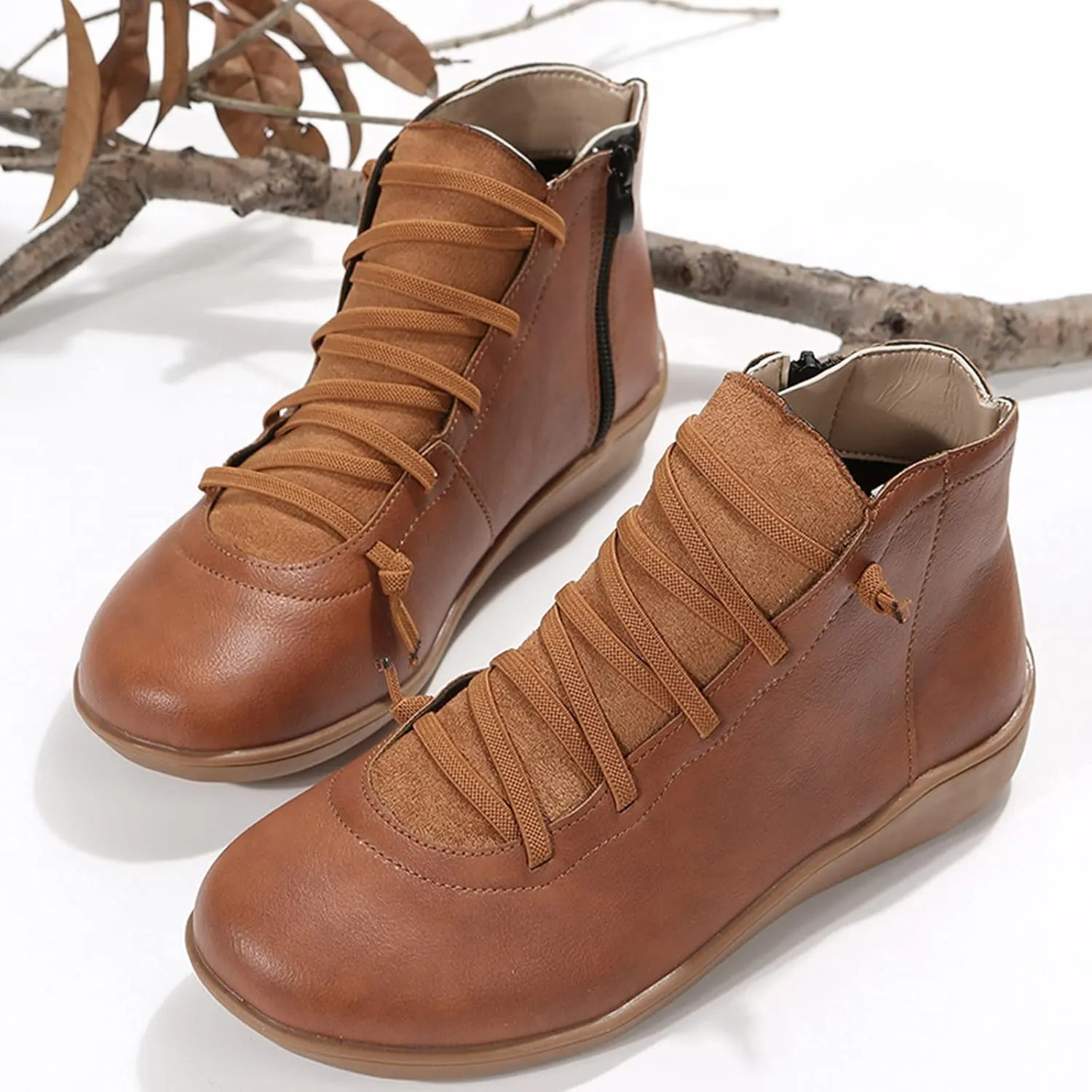 Womens Boots Retro Shoelace PU Leather Flat Soft Sole Boots for Women Solid Color Round Toe Casual Ankle Boots