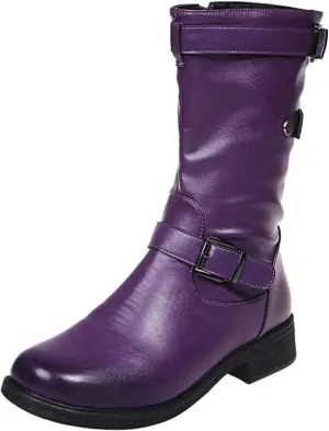 Womens Boots Retro Side Zipper Square Heel Boots for Women Round Toe Cozy Durable Faux Leather Mid-Calf Boots