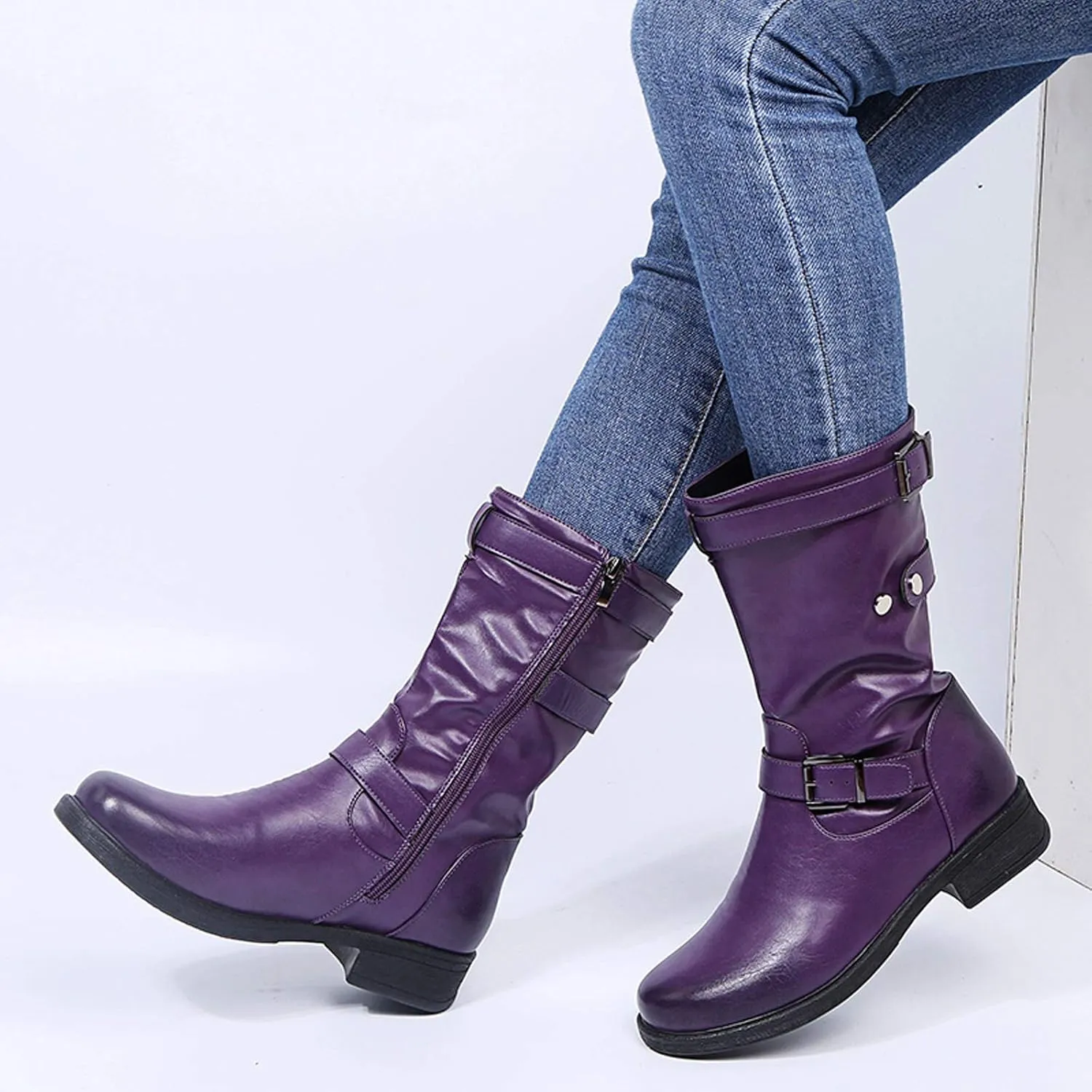 Womens Boots Retro Side Zipper Square Heel Boots for Women Round Toe Cozy Durable Faux Leather Mid-Calf Boots