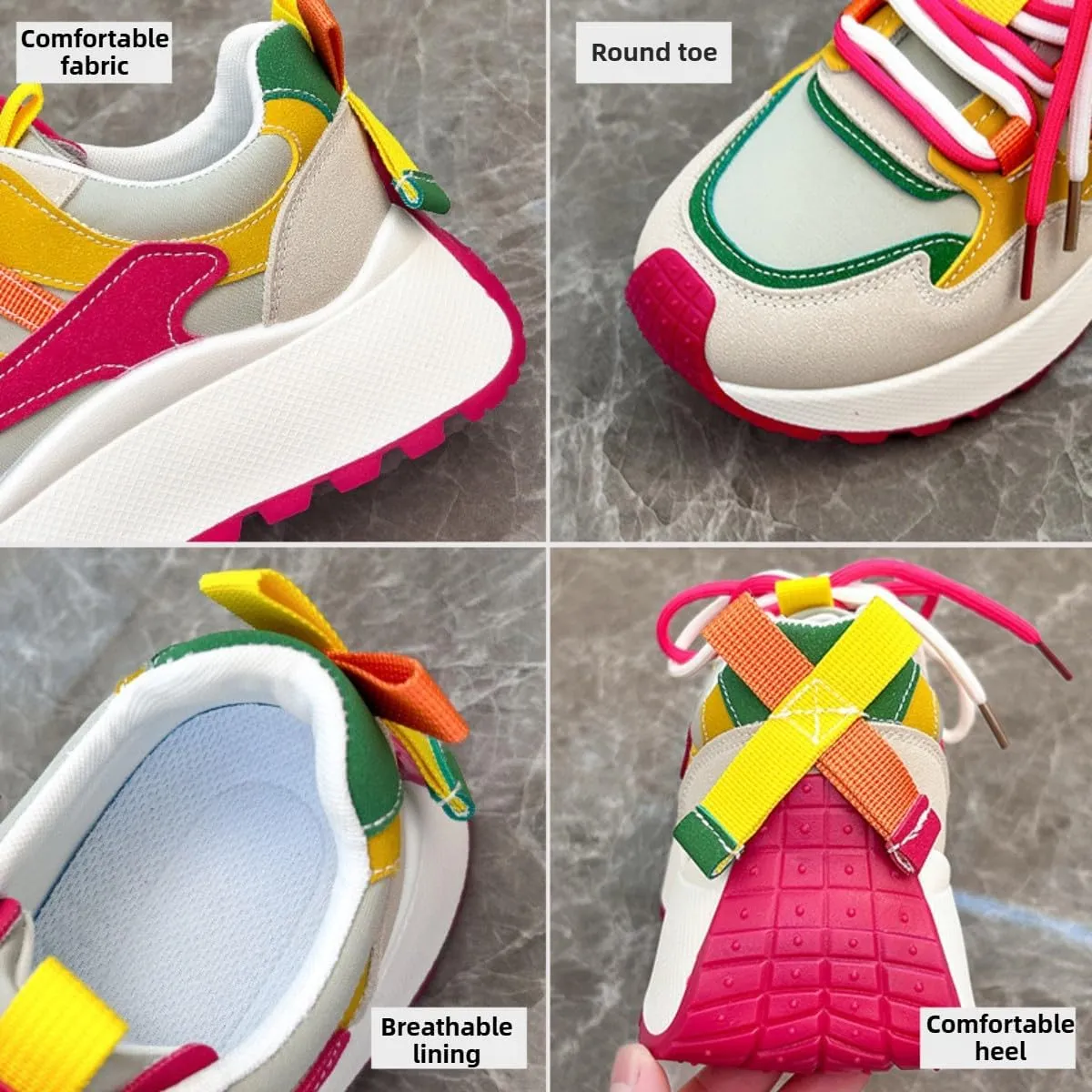 Women's Chunky Platform Sneakers Girl's Preppy Sport Walking Skate Shoes Lace Up Color Blocking Creative Heel Students
