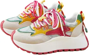 Women's Chunky Platform Sneakers Girl's Preppy Sport Walking Skate Shoes Lace Up Color Blocking Creative Heel Students