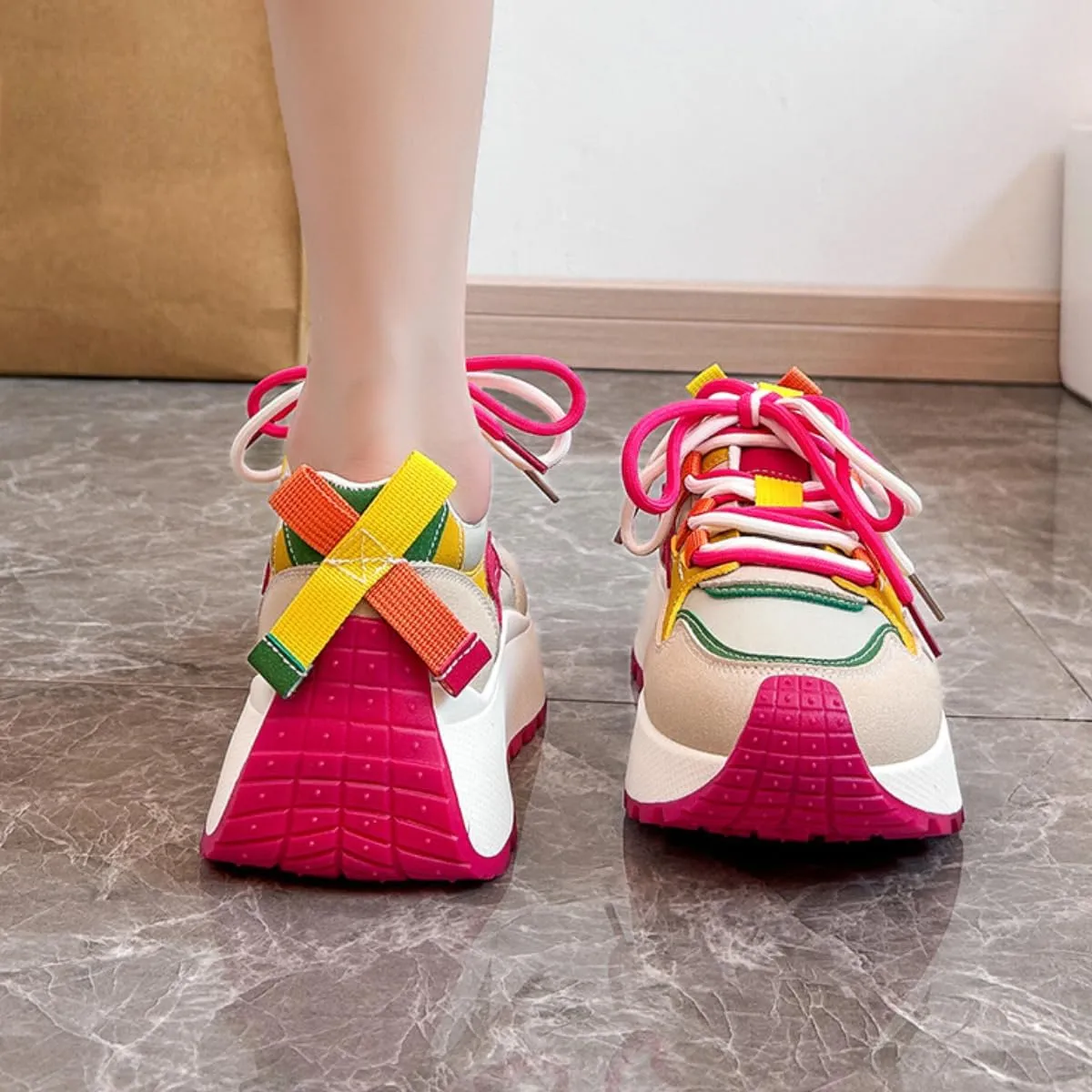 Women's Chunky Platform Sneakers Girl's Preppy Sport Walking Skate Shoes Lace Up Color Blocking Creative Heel Students