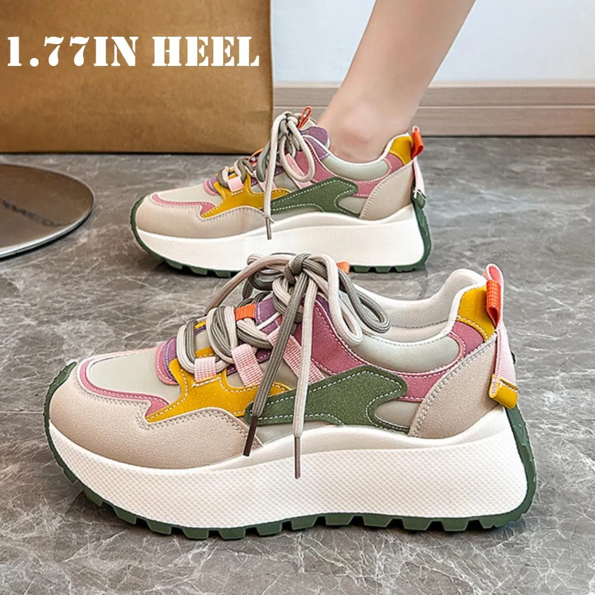 Women's Chunky Platform Sneakers Girl's Preppy Sport Walking Skate Shoes Lace Up Color Blocking Creative Heel Students